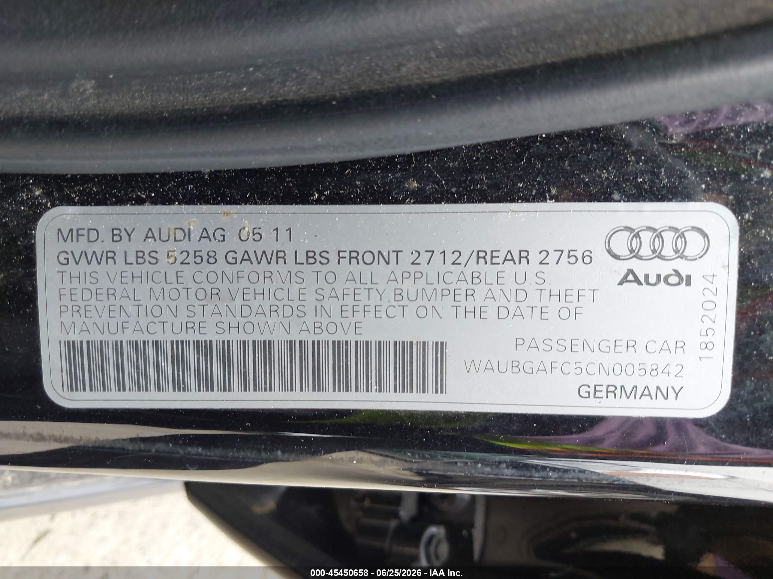 2012 Audi A6 3.0t Prestige Black vin: WAUBGAFC5CN005842