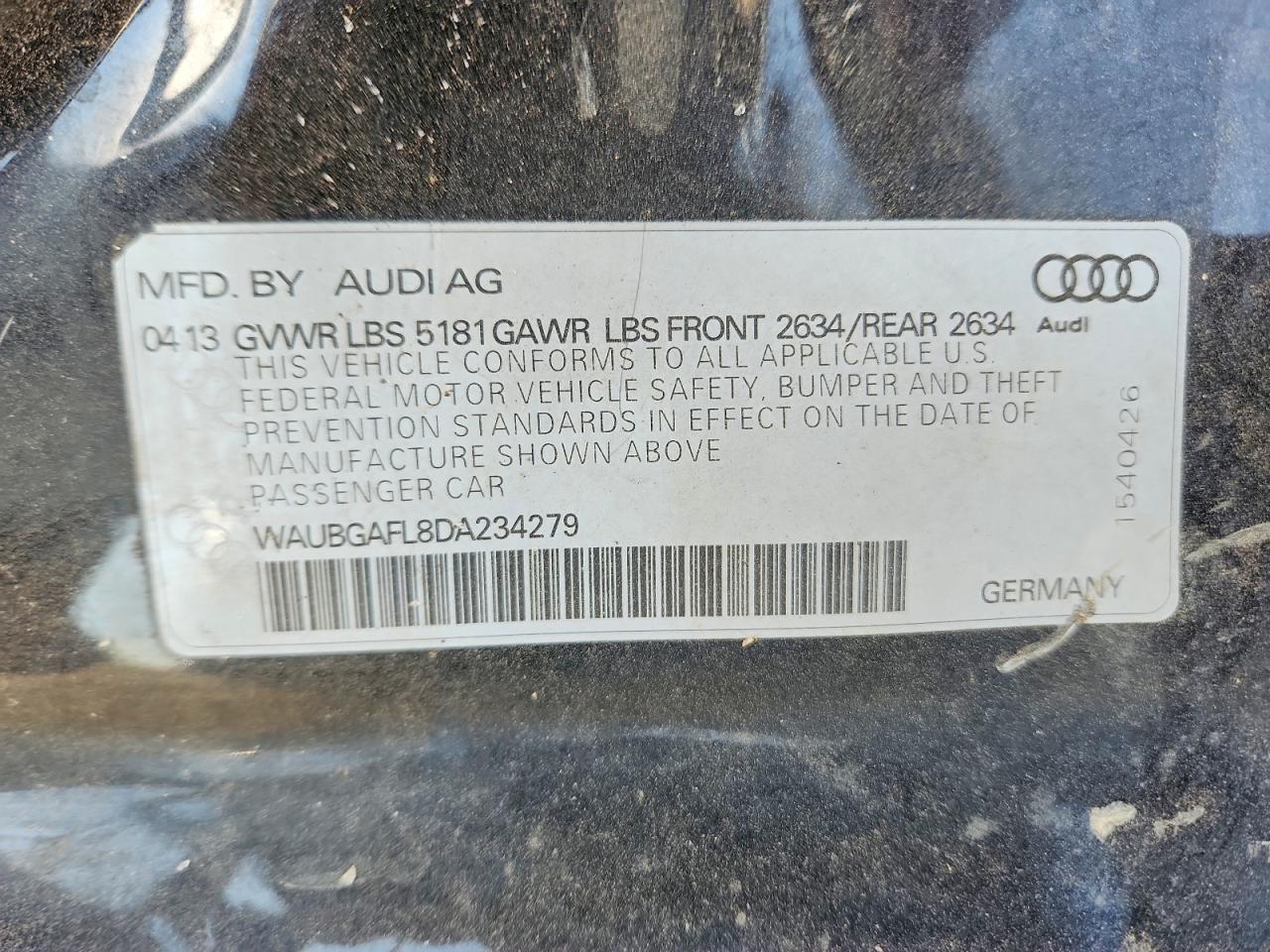 2013 Audi S4 Black vin: WAUBGAFL8DA234279