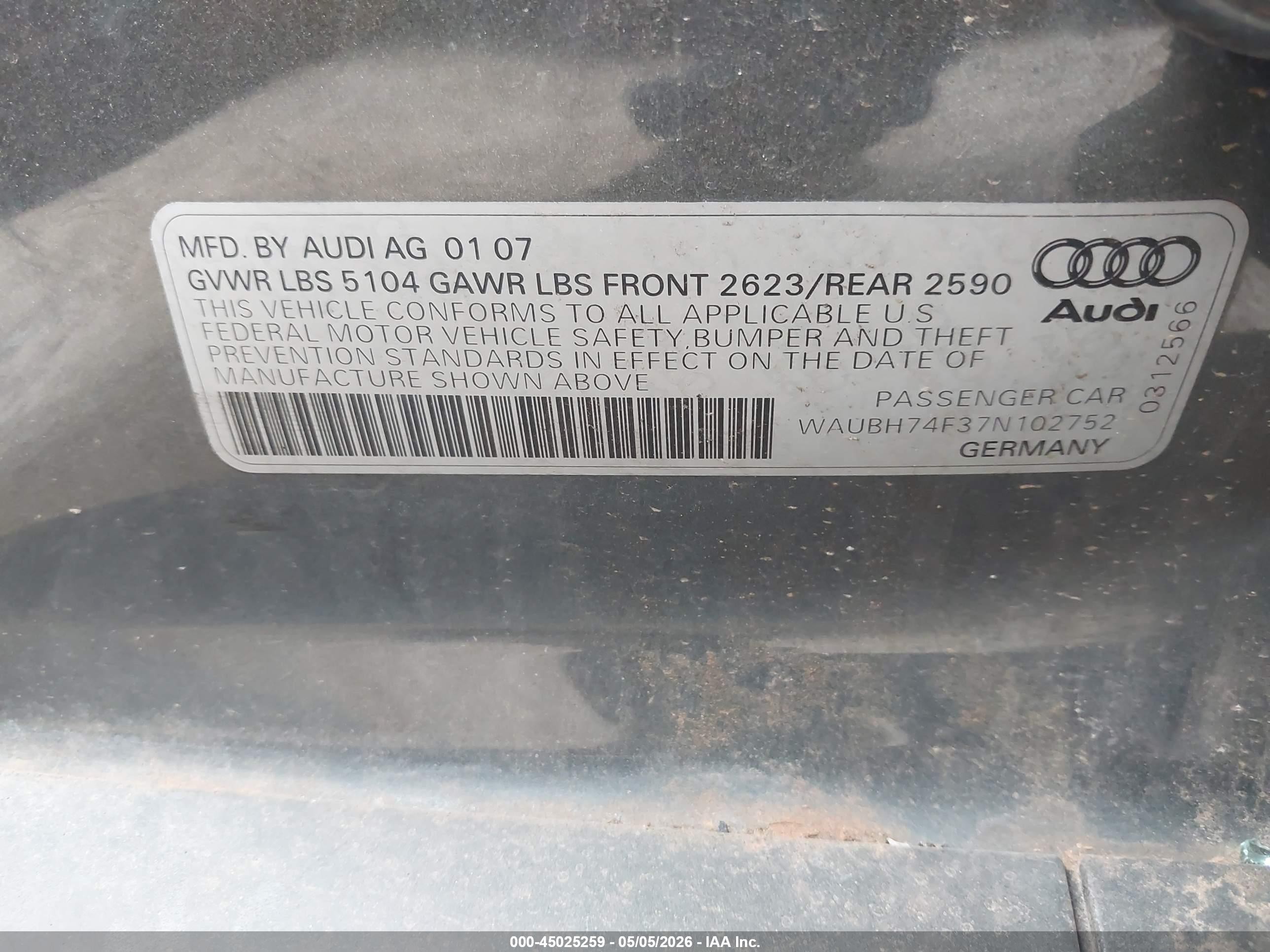2007 Audi A6 3.2 Black vin: WAUBH74F37N102752