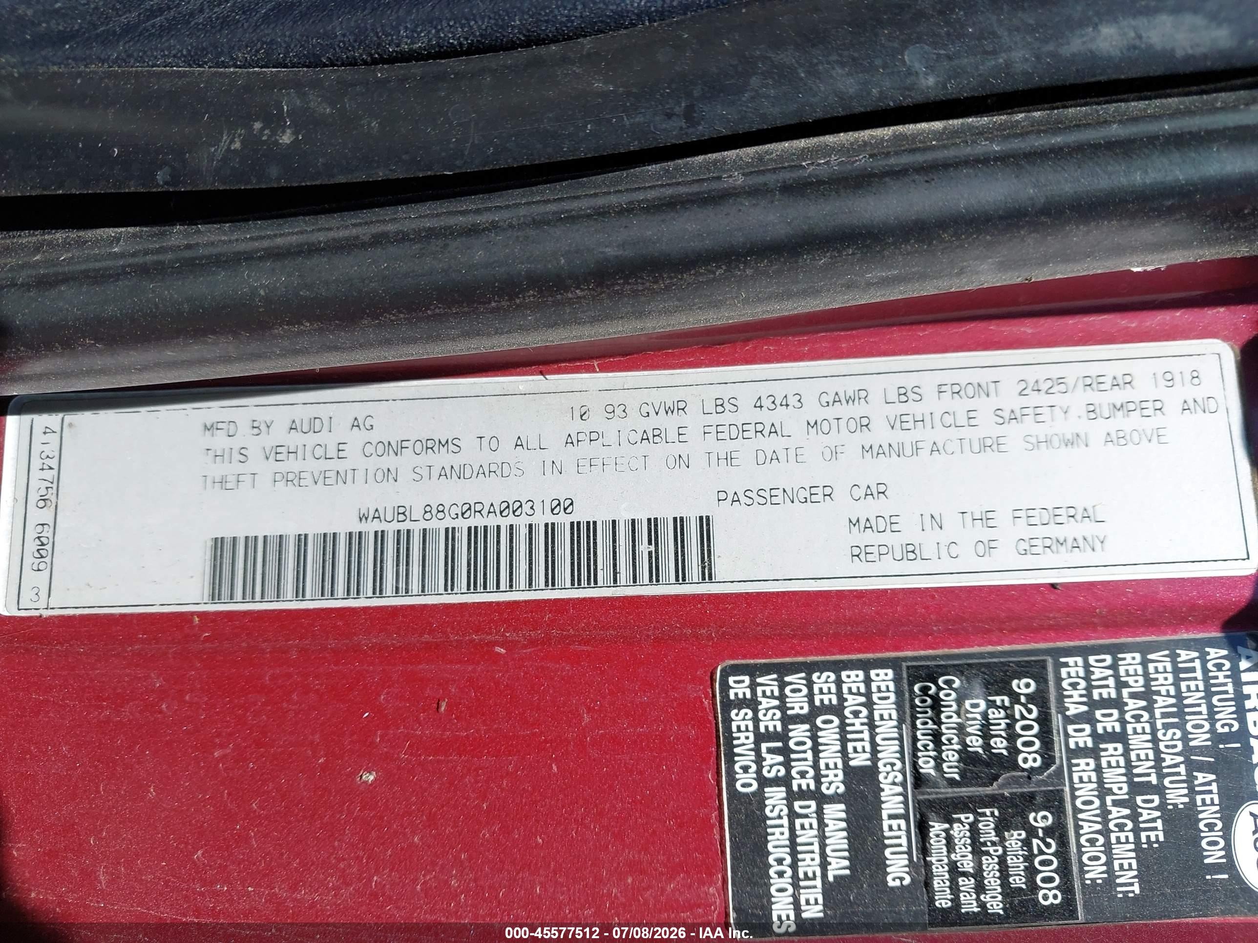 1994 Audi Cabriolet Red vin: WAUBL88G0RA003100