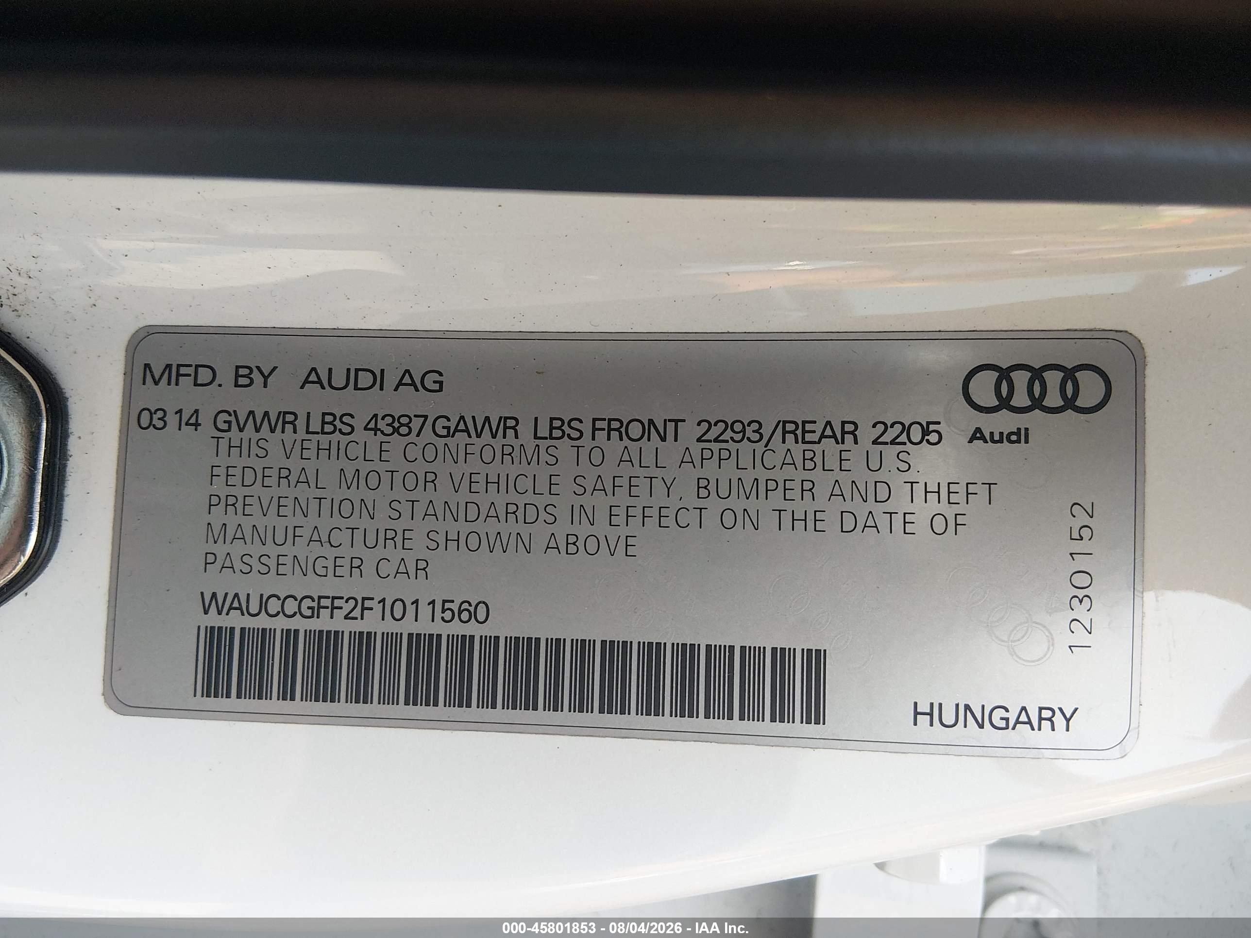 2015 Audi A3 1.8t Premium White vin: WAUCCGFF2F1011560