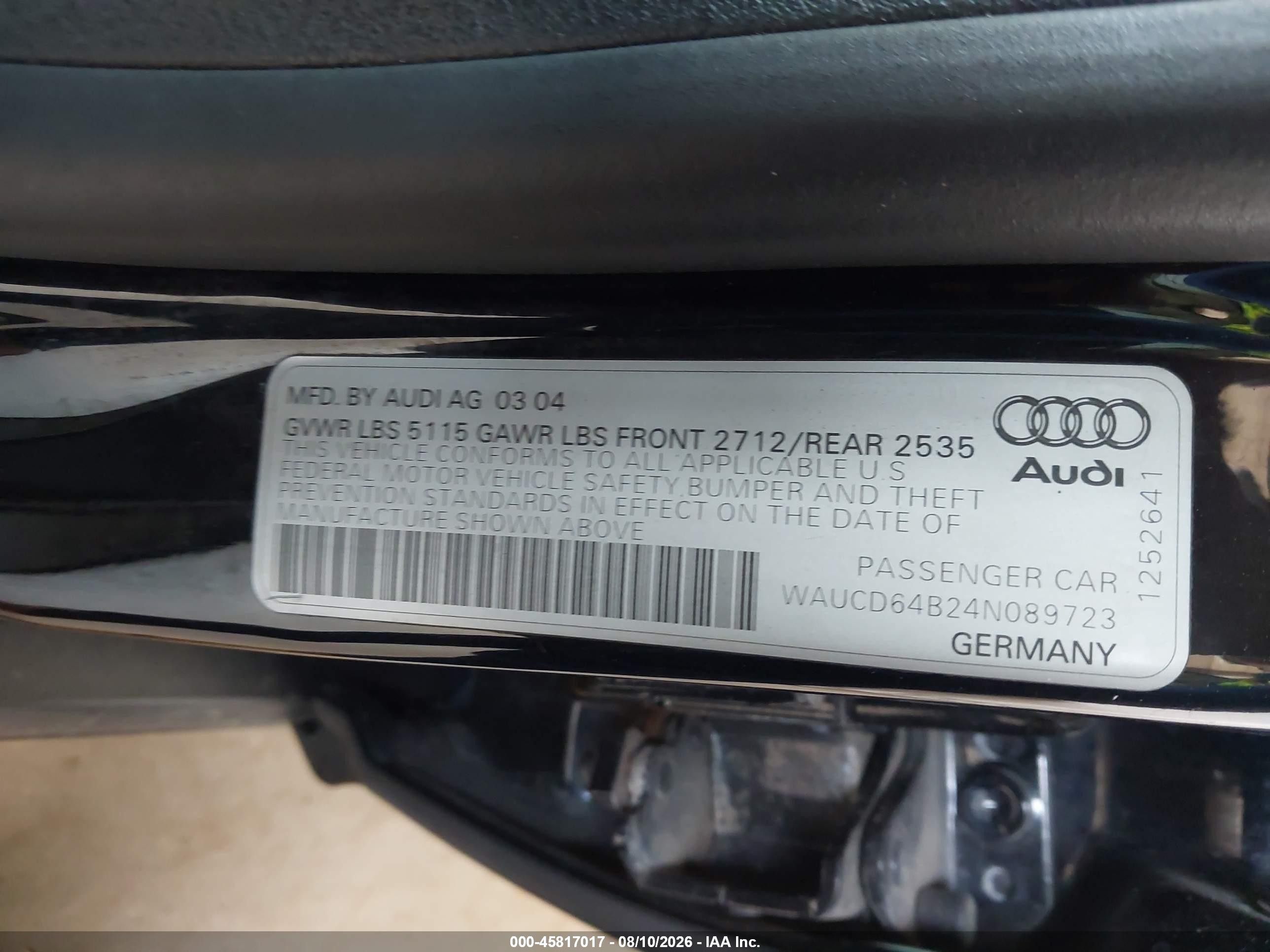 2004 Audi A6 2.7t S-line Black vin: WAUCD64B24N089723