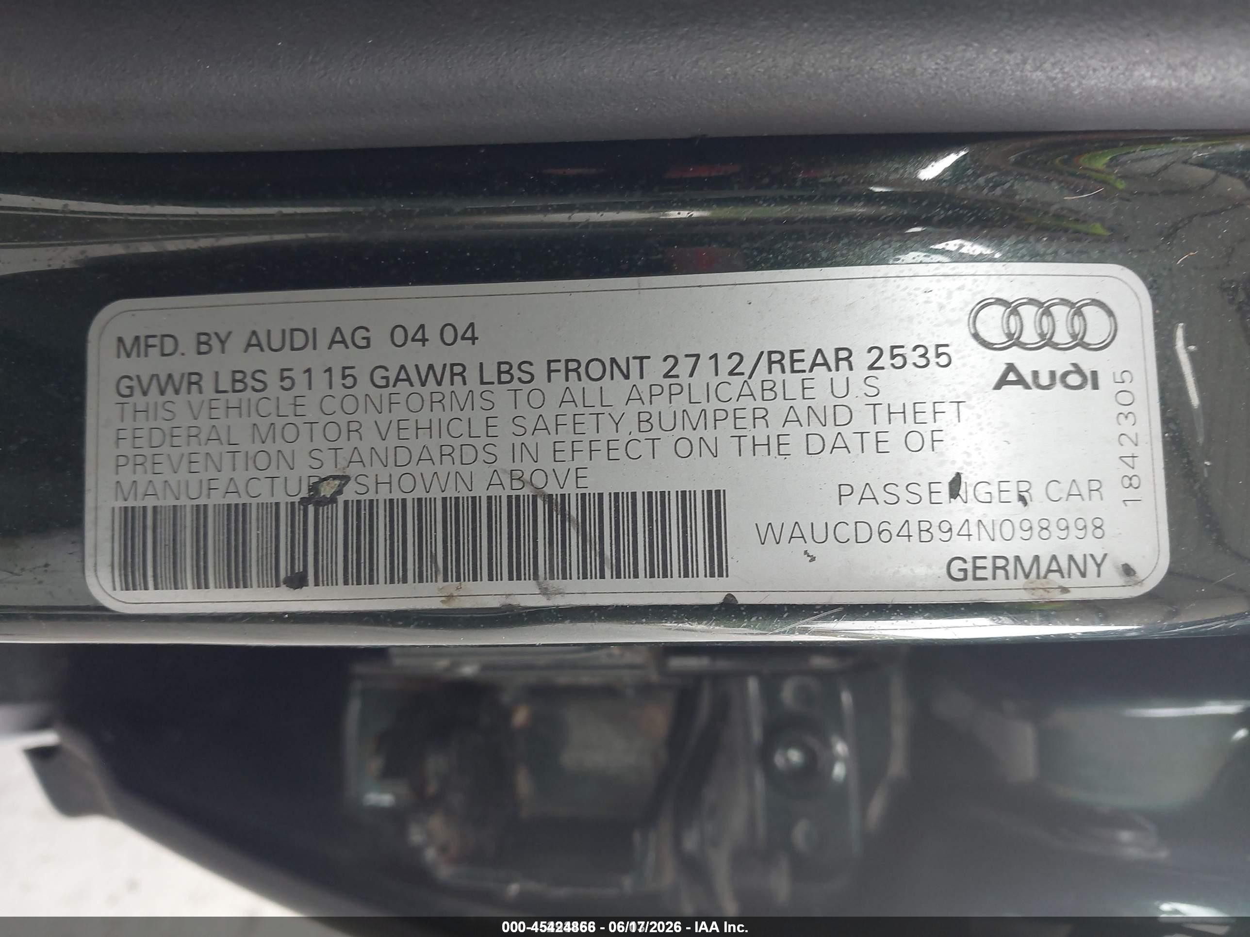 2004 Audi A6 2.7t S-line Зеленый vin: WAUCD64B94N098998