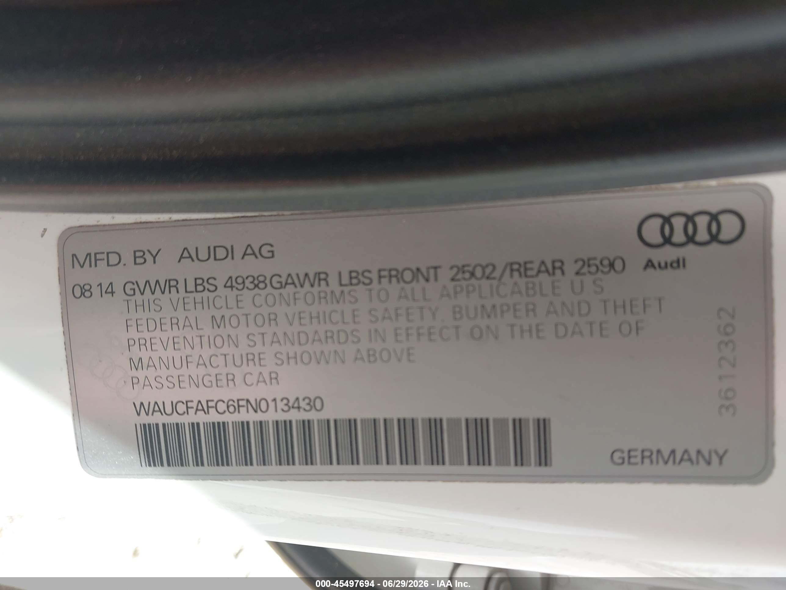 2015 Audi A6 2.0t Premium White vin: WAUCFAFC6FN013430