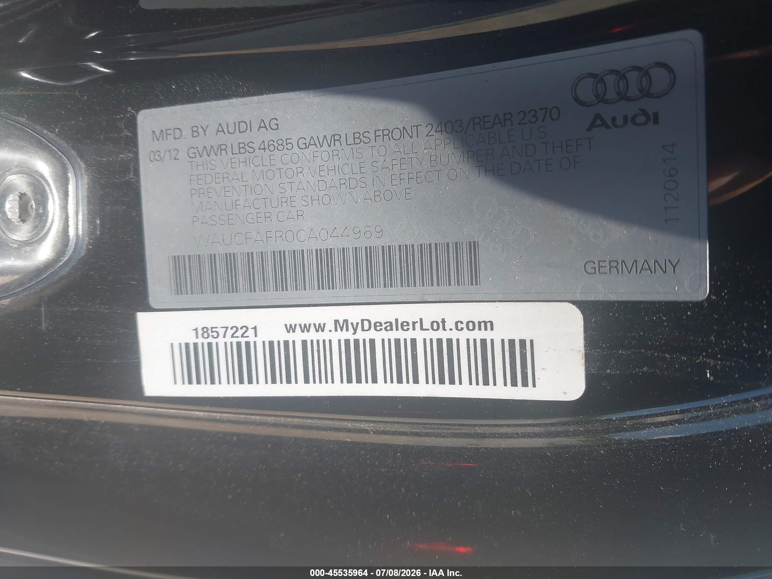 2012 Audi A5 2.0t Premium Black vin: WAUCFAFR0CA044969