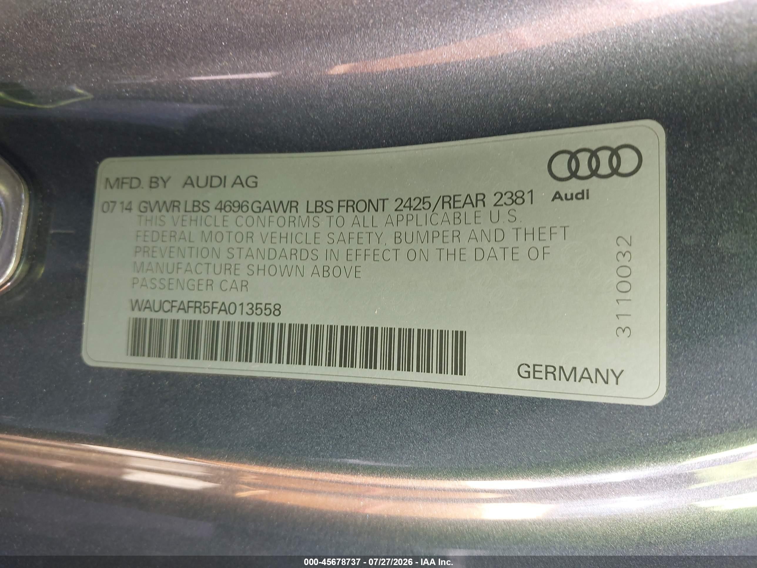 2015 Audi A5 2.0t Premium Gray vin: WAUCFAFR5FA013558