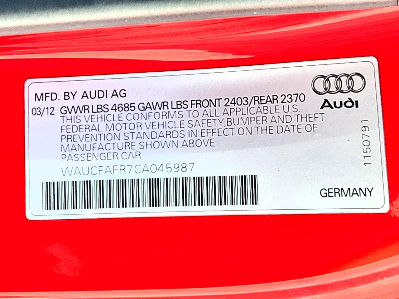 2012 Audi A5 Premium Red vin: WAUCFAFR7CA045987