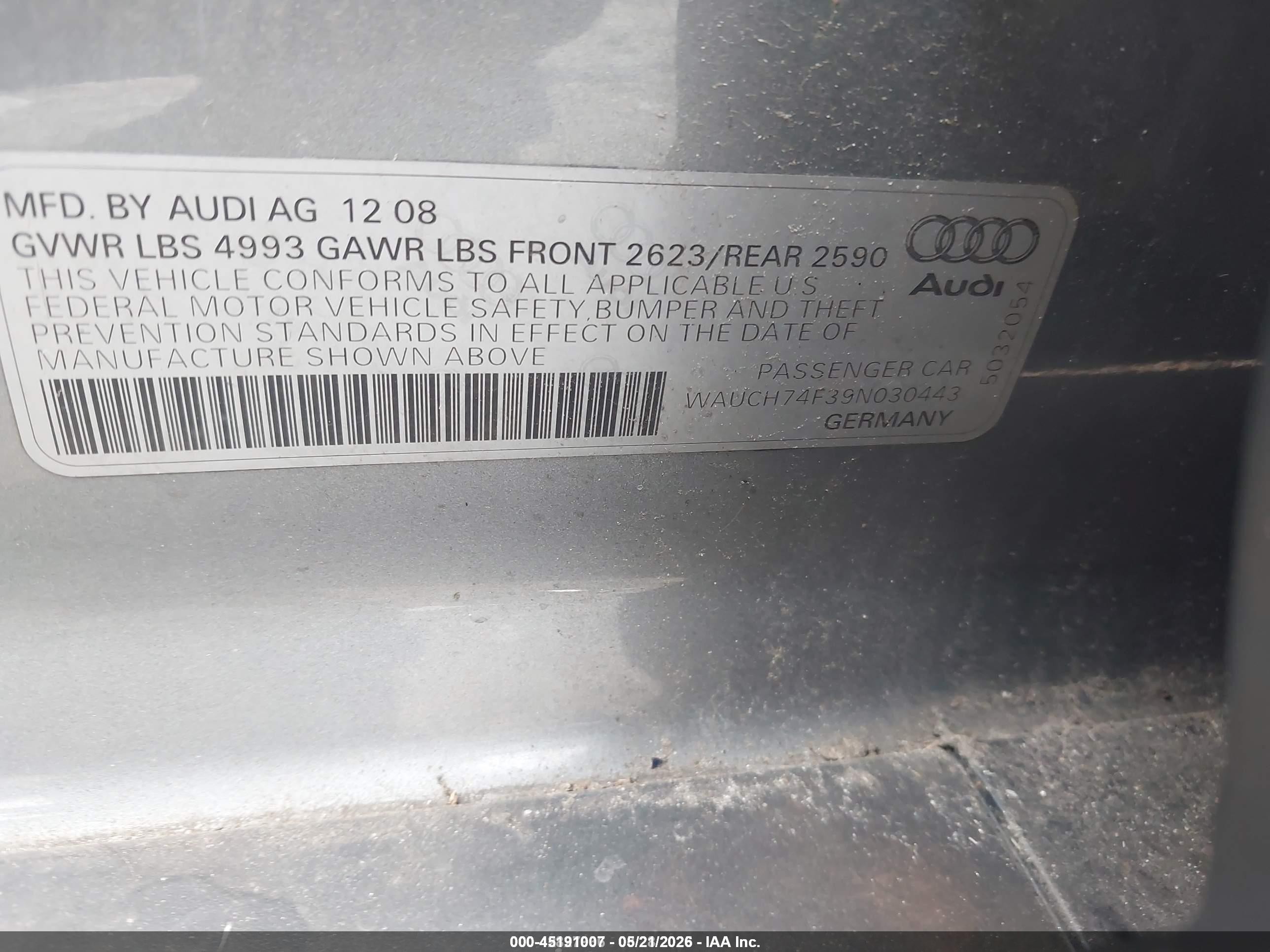 2009 Audi A6 3.2 Premium Gray vin: WAUCH74F39N030443