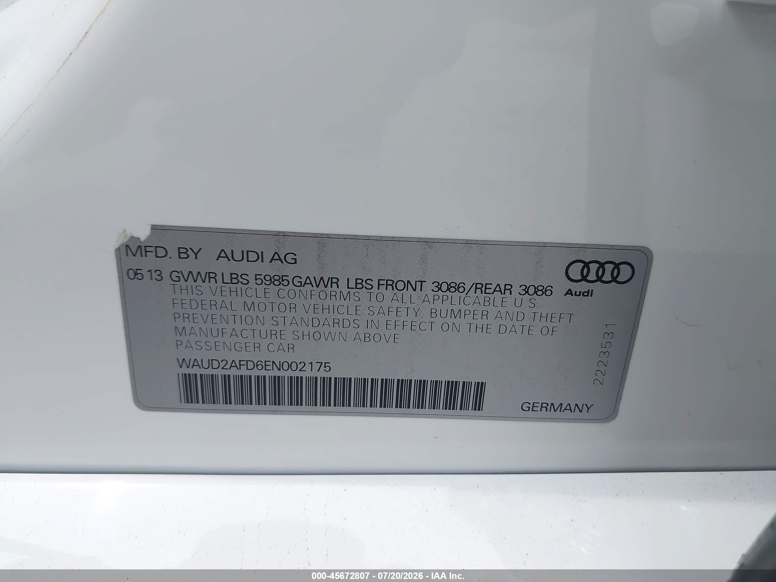 2014 Audi S8 4.0t White vin: WAUD2AFD6EN002175