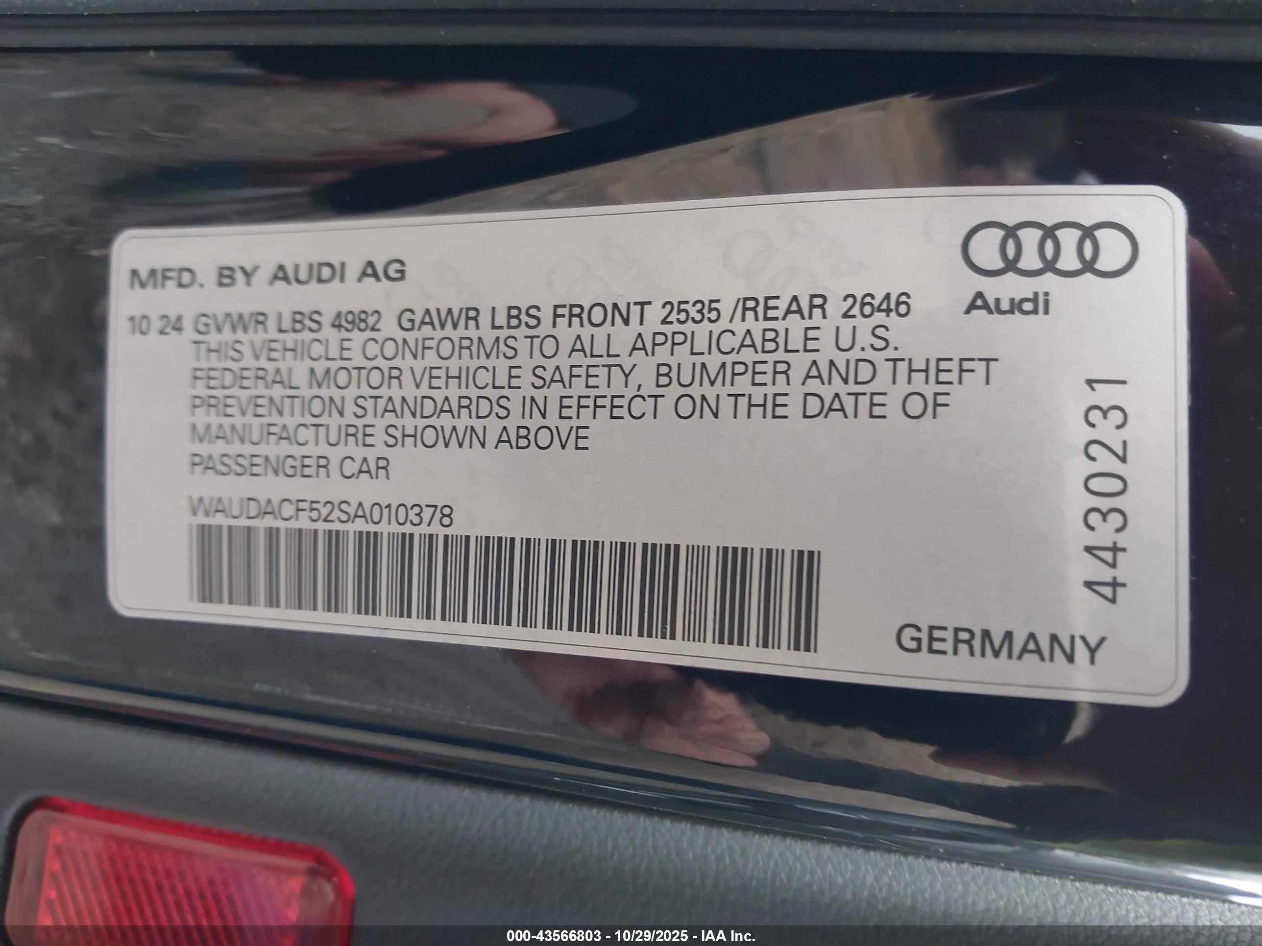 2025 Audi A5 Sportback Premium 45 Tfsi S Line Quattro S Tronic Black vin: WAUDACF52SA010378