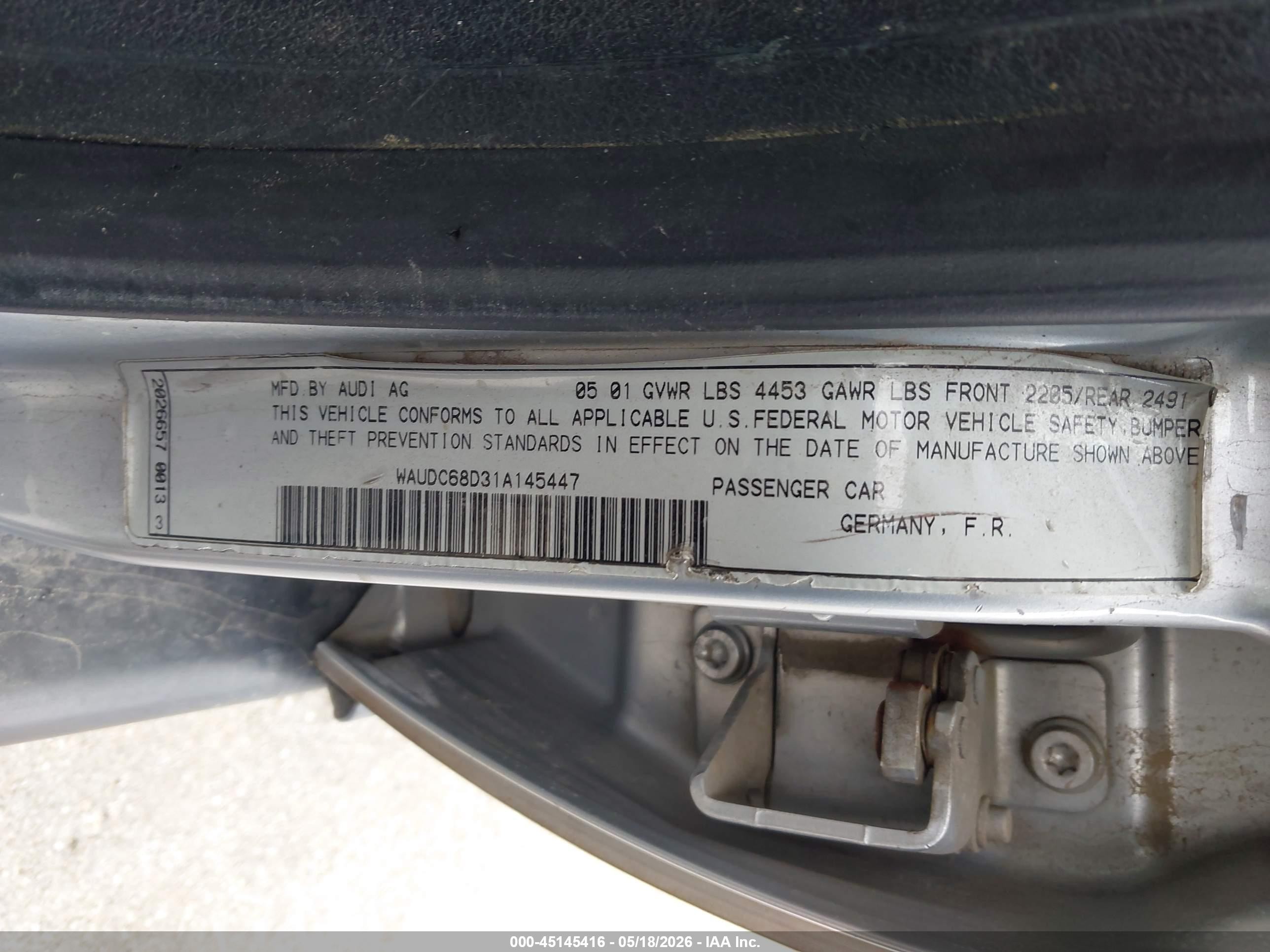 2001 Audi A4 1.8 T Silver vin: WAUDC68D31A145447
