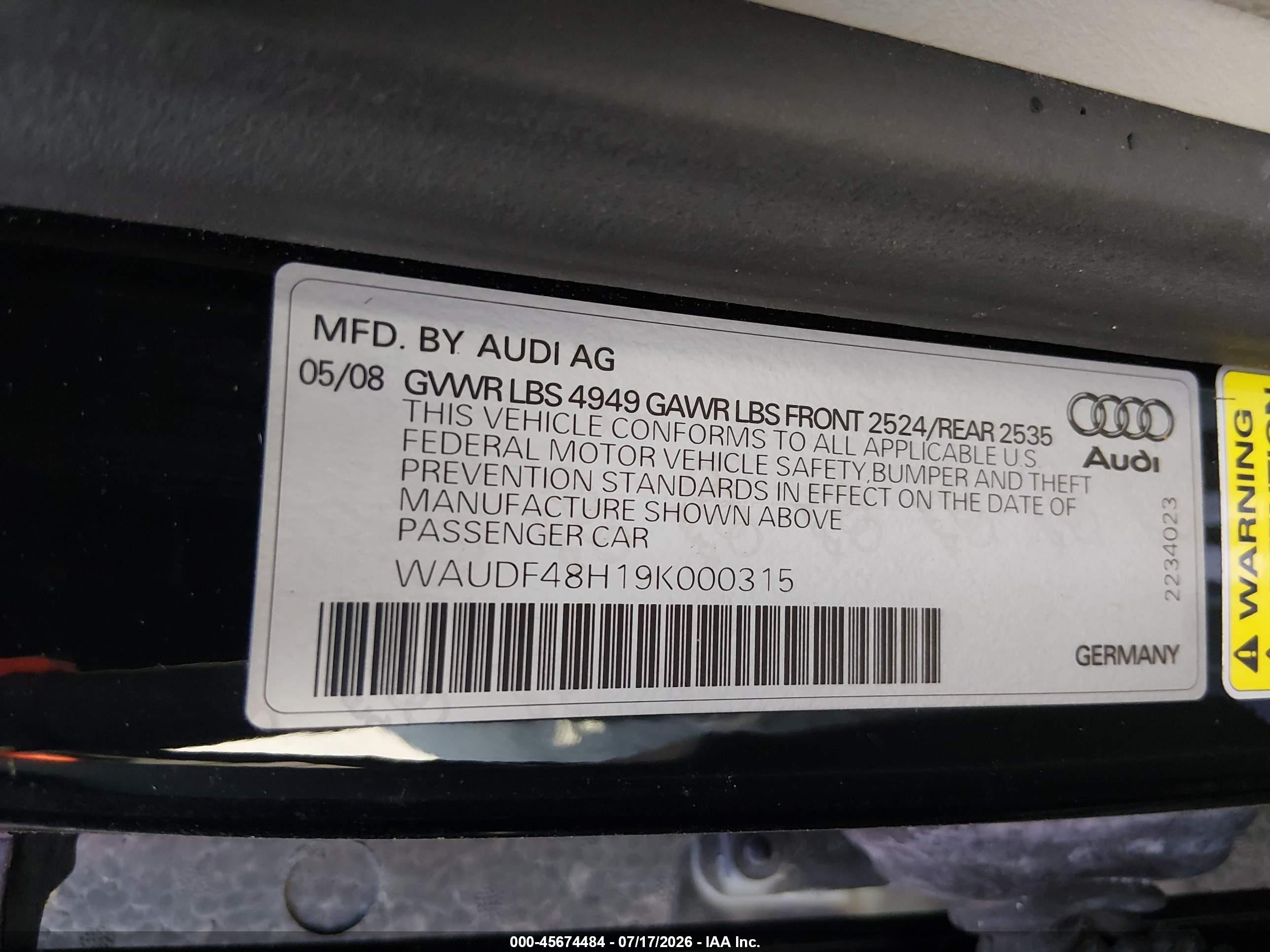 2009 Audi A4 2.0t/2.0t Special Edition Black vin: WAUDF48H19K000315