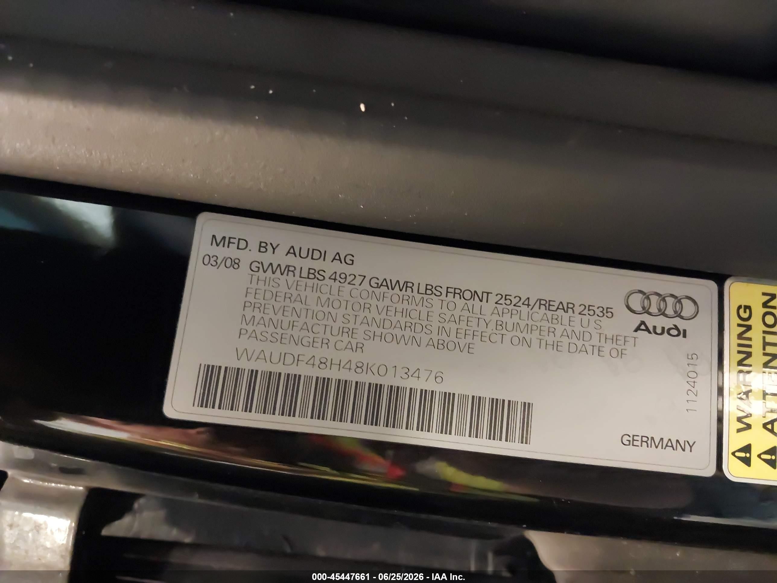2008 Audi A4 2.0t Black vin: WAUDF48H48K013476