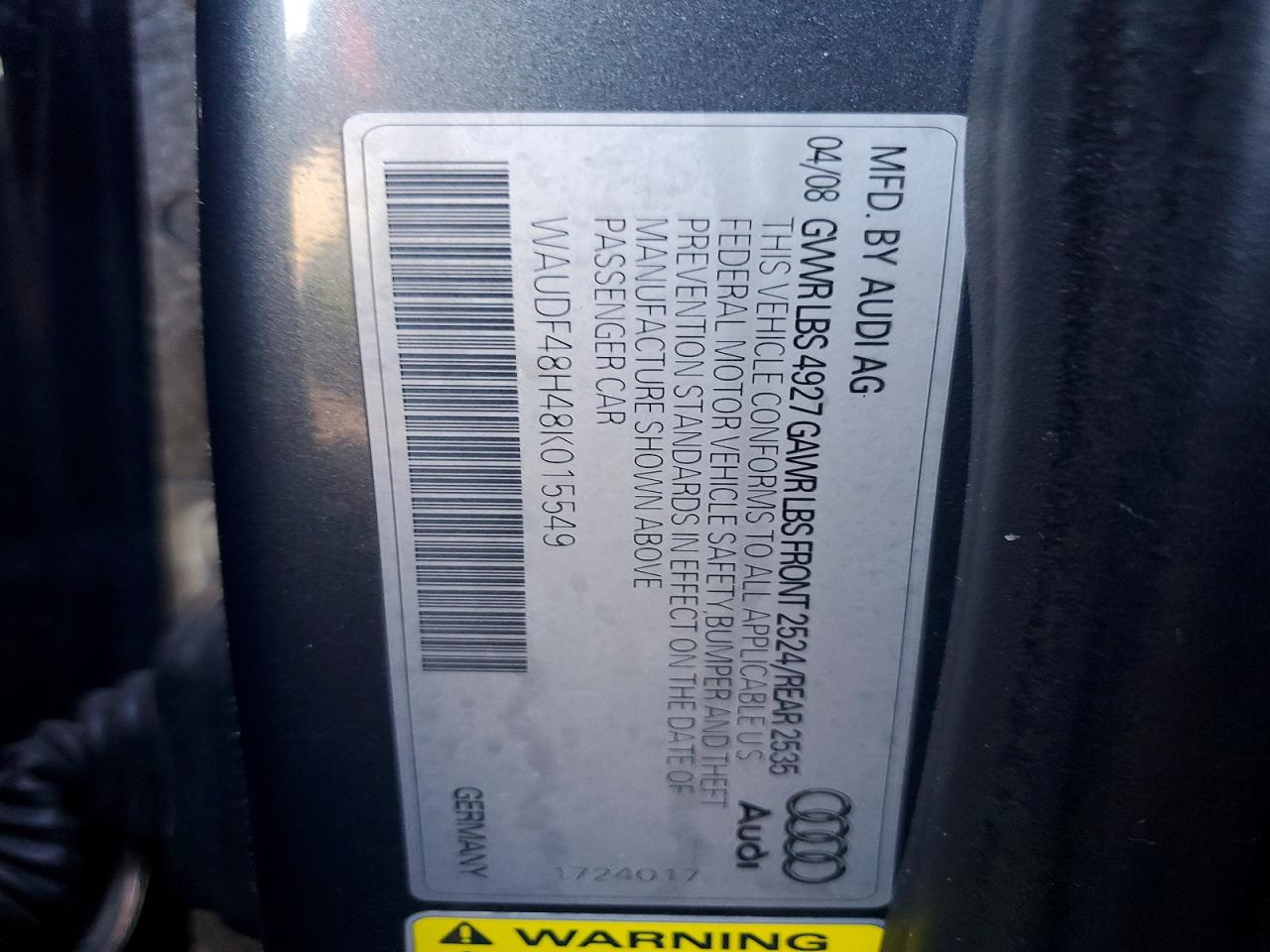 2008 Audi A4 Gray vin: WAUDF48H48K015549