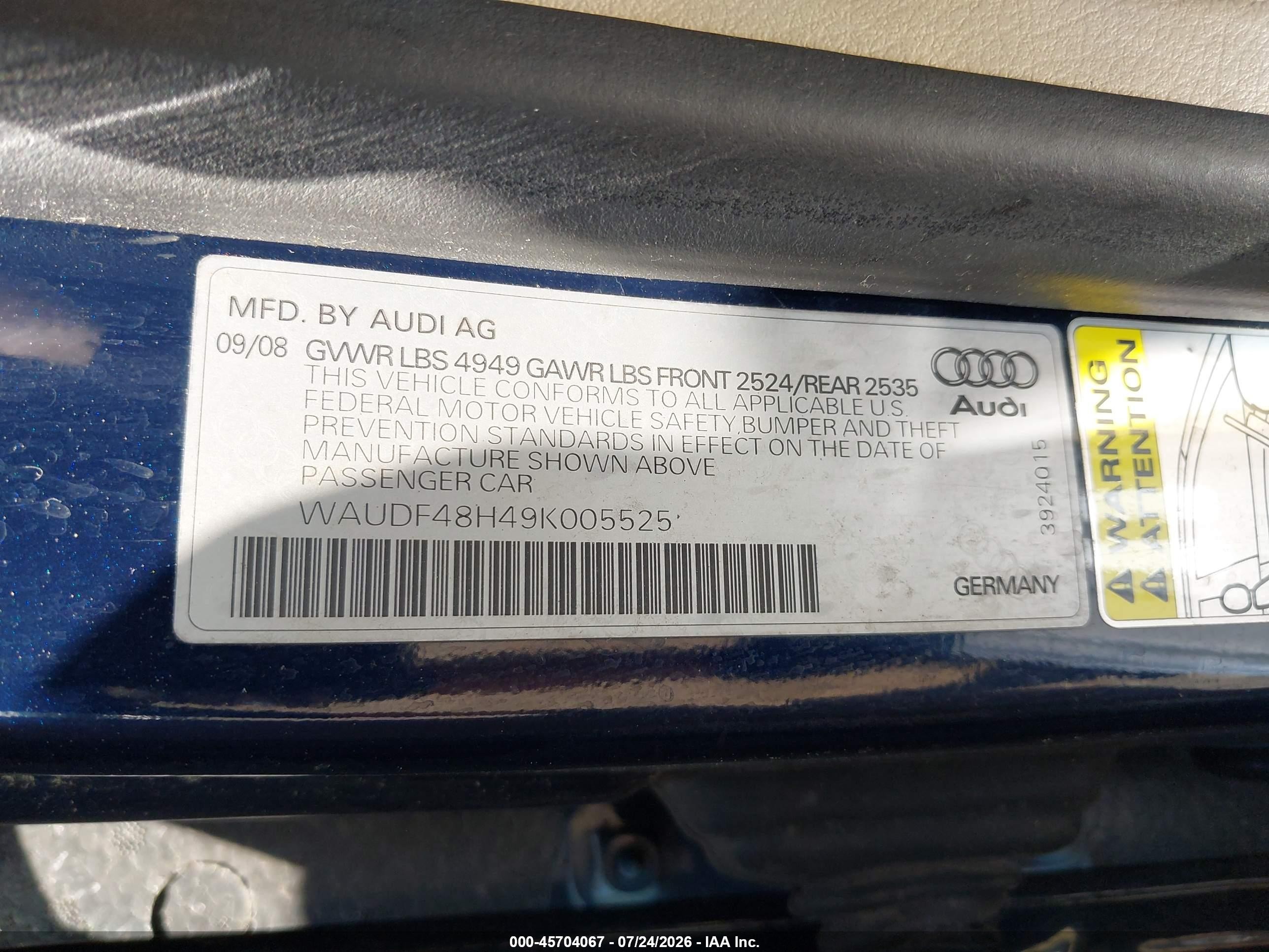 2009 Audi A4 2.0t/2.0t Special Edition Blue vin: WAUDF48H49K005525