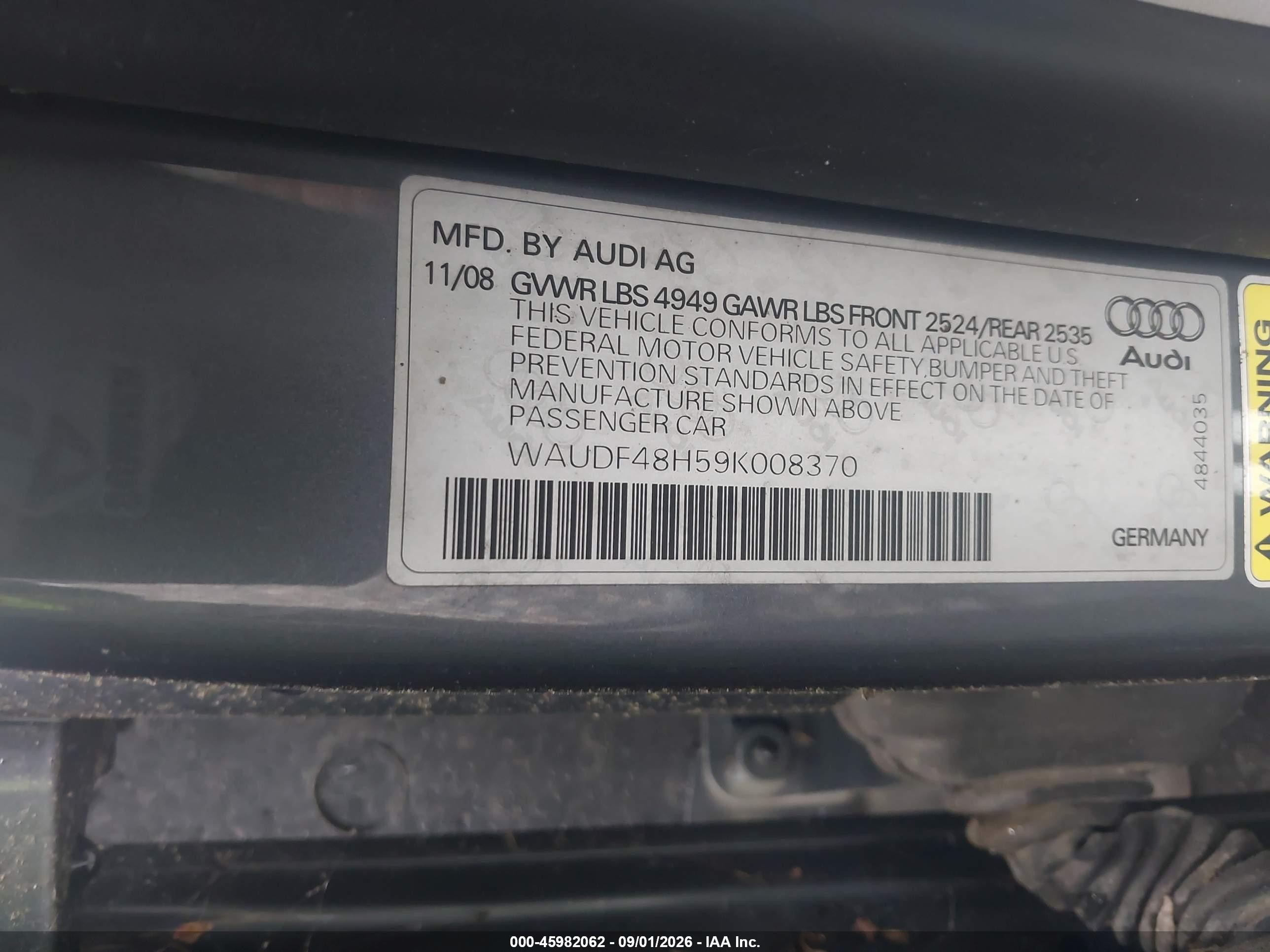 2009 Audi A4 2.0t Special Edition Gray vin: WAUDF48H59K008370