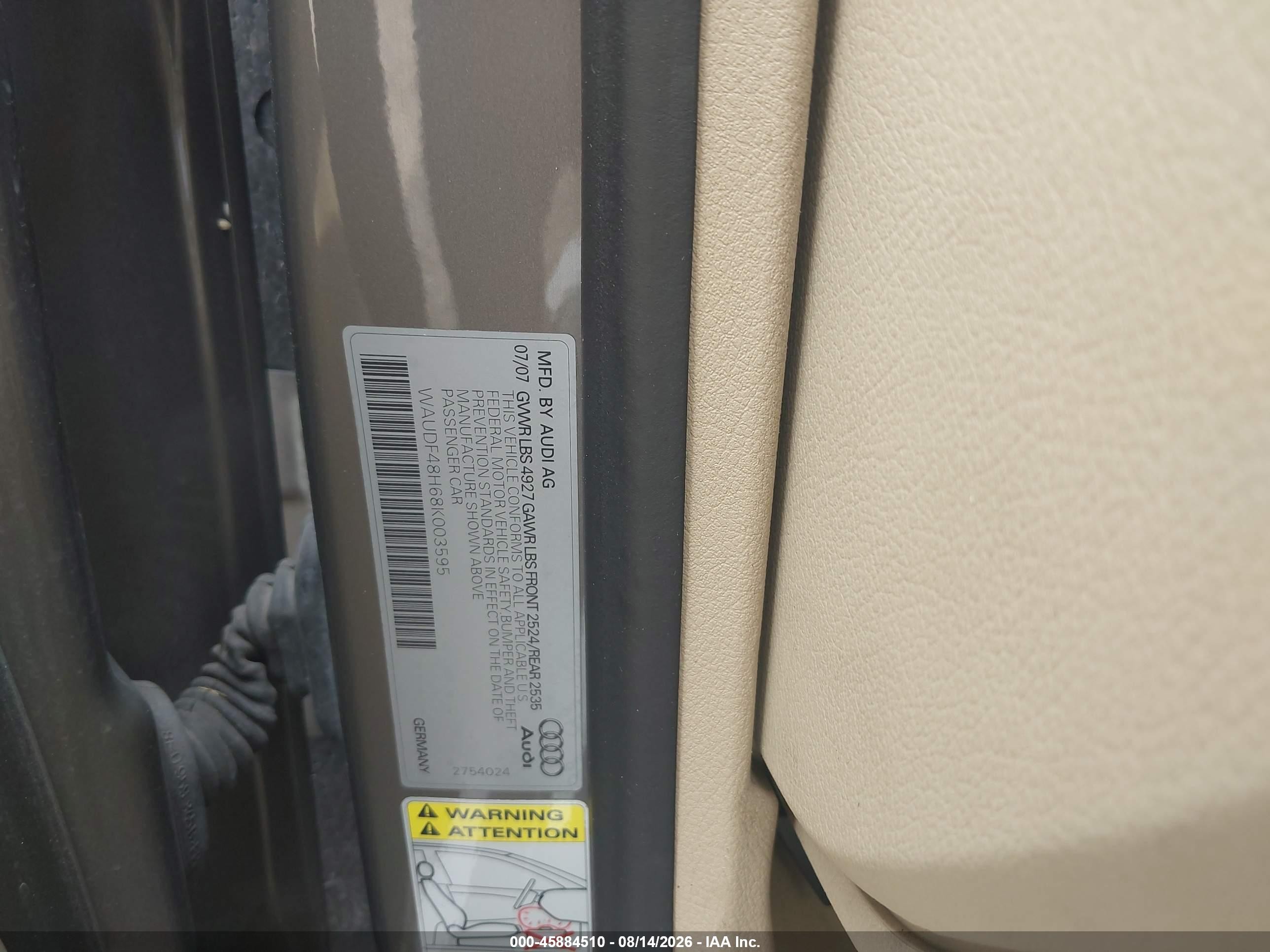 2008 Audi A4 2.0t Gold vin: WAUDF48H68K003595