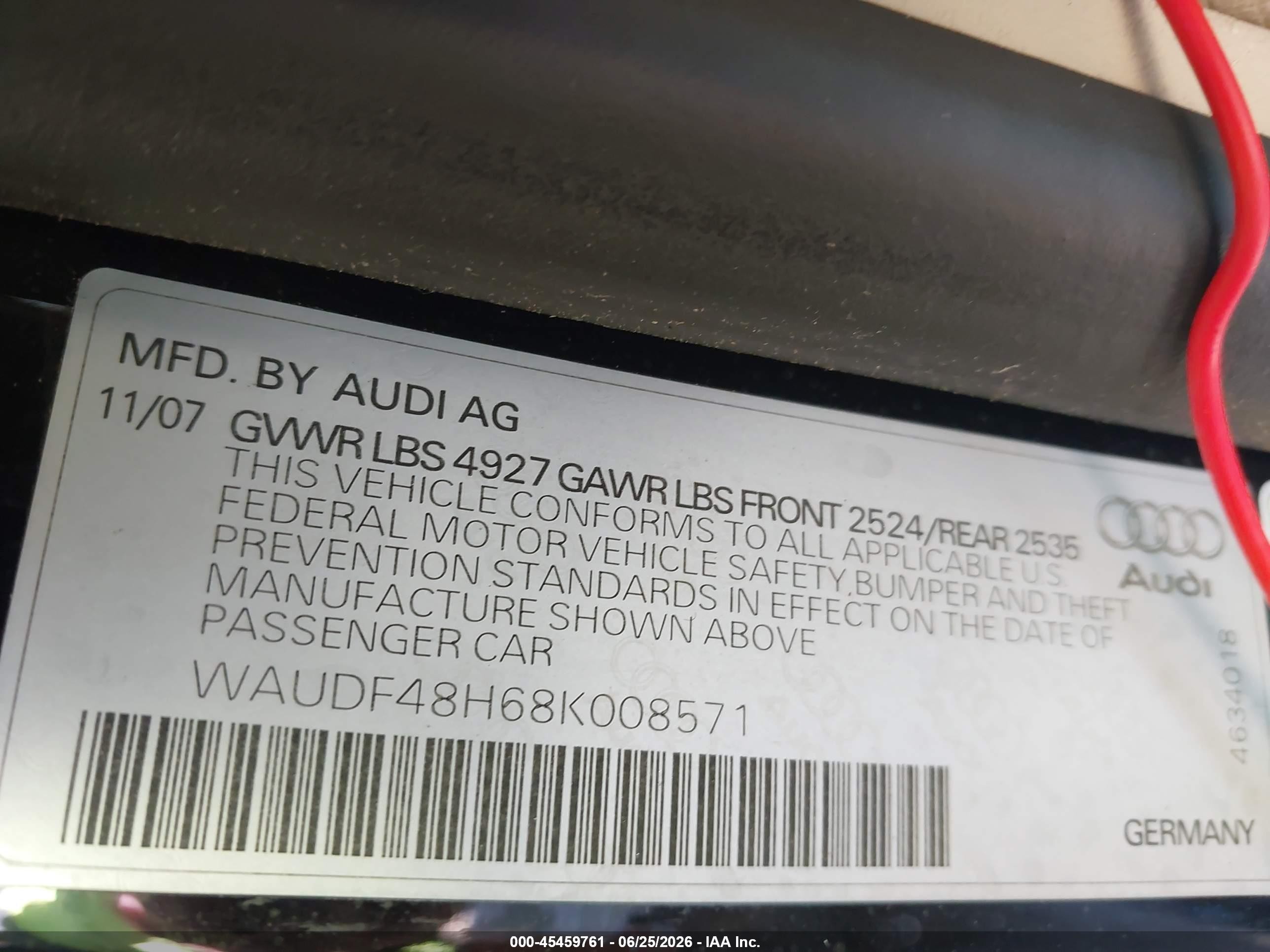 2008 Audi A4 2.0t Black vin: WAUDF48H68K008571