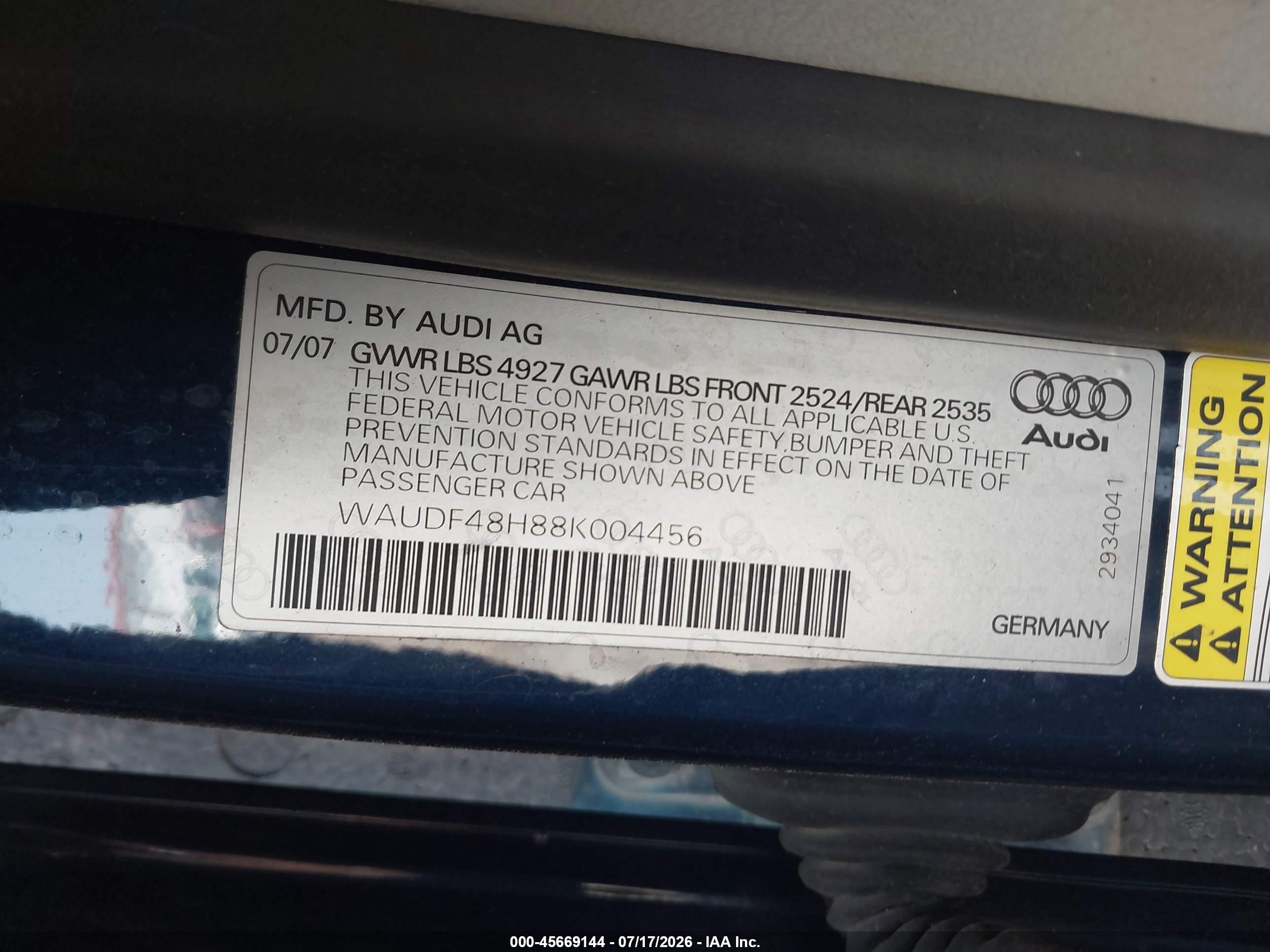 2008 Audi A4 2.0t Blue vin: WAUDF48H88K004456