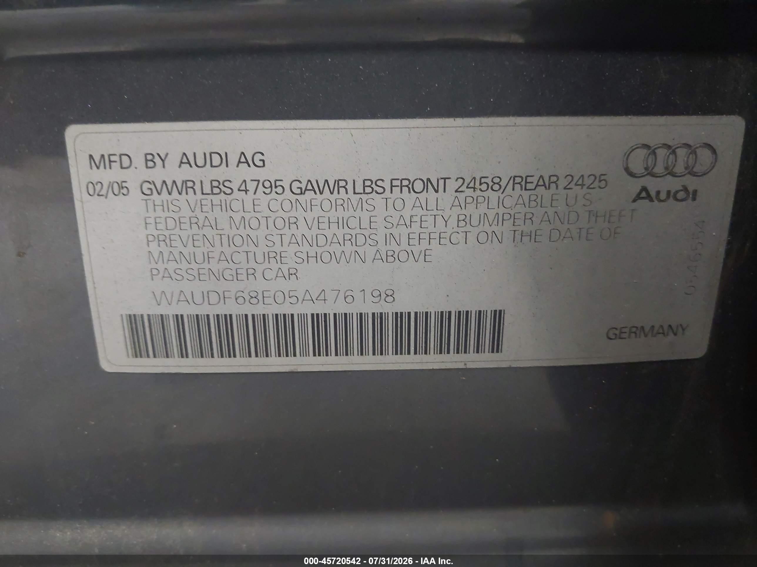 2005 Audi A4 2.0t Gray vin: WAUDF68E05A476198