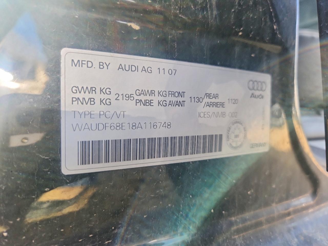 2008 Audi A4 2.0t Quattro Черный vin: WAUDF68E18A116748