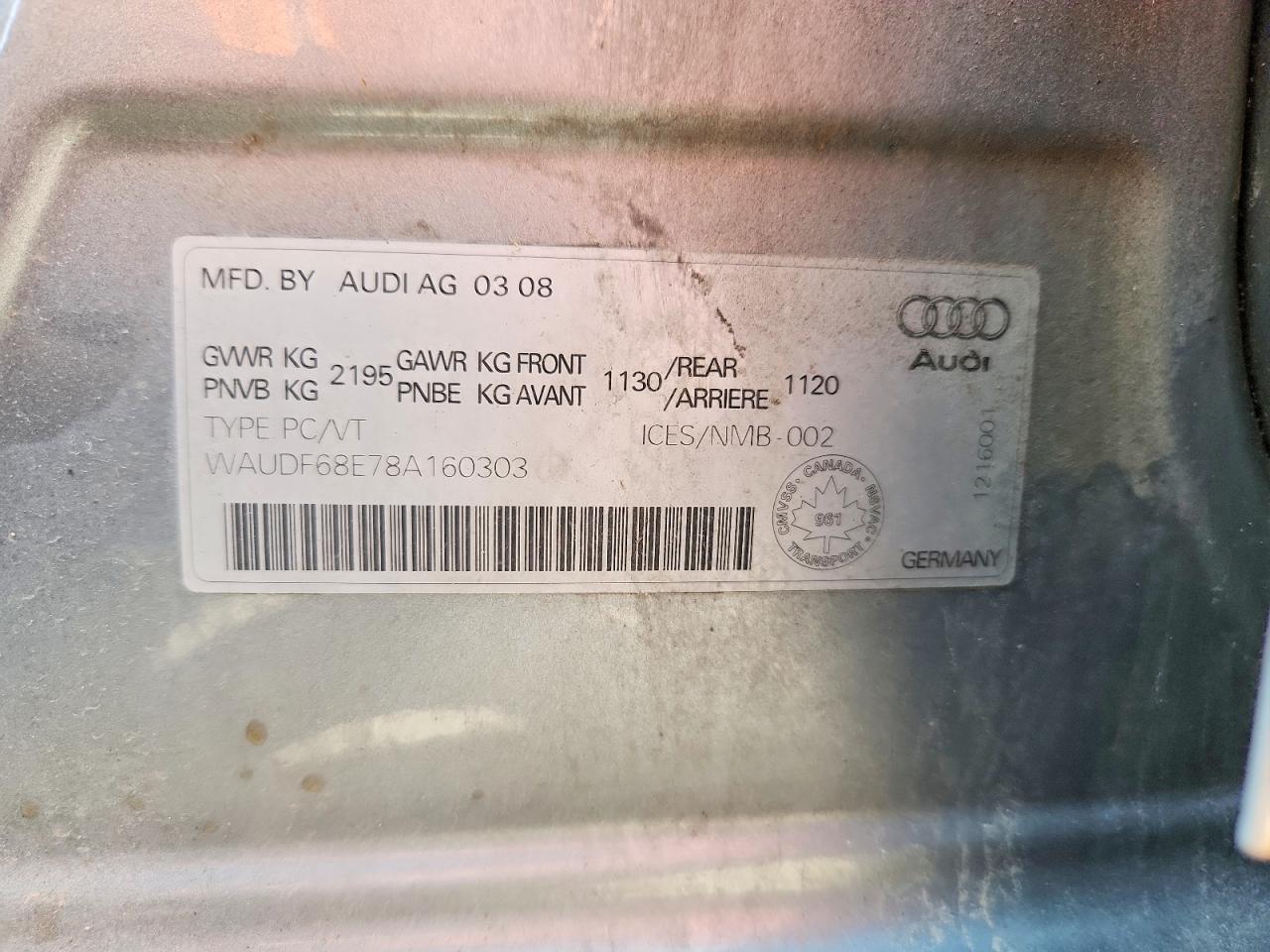 2008 Audi A4 2.0t Quattro Silver vin: WAUDF68E78A160303