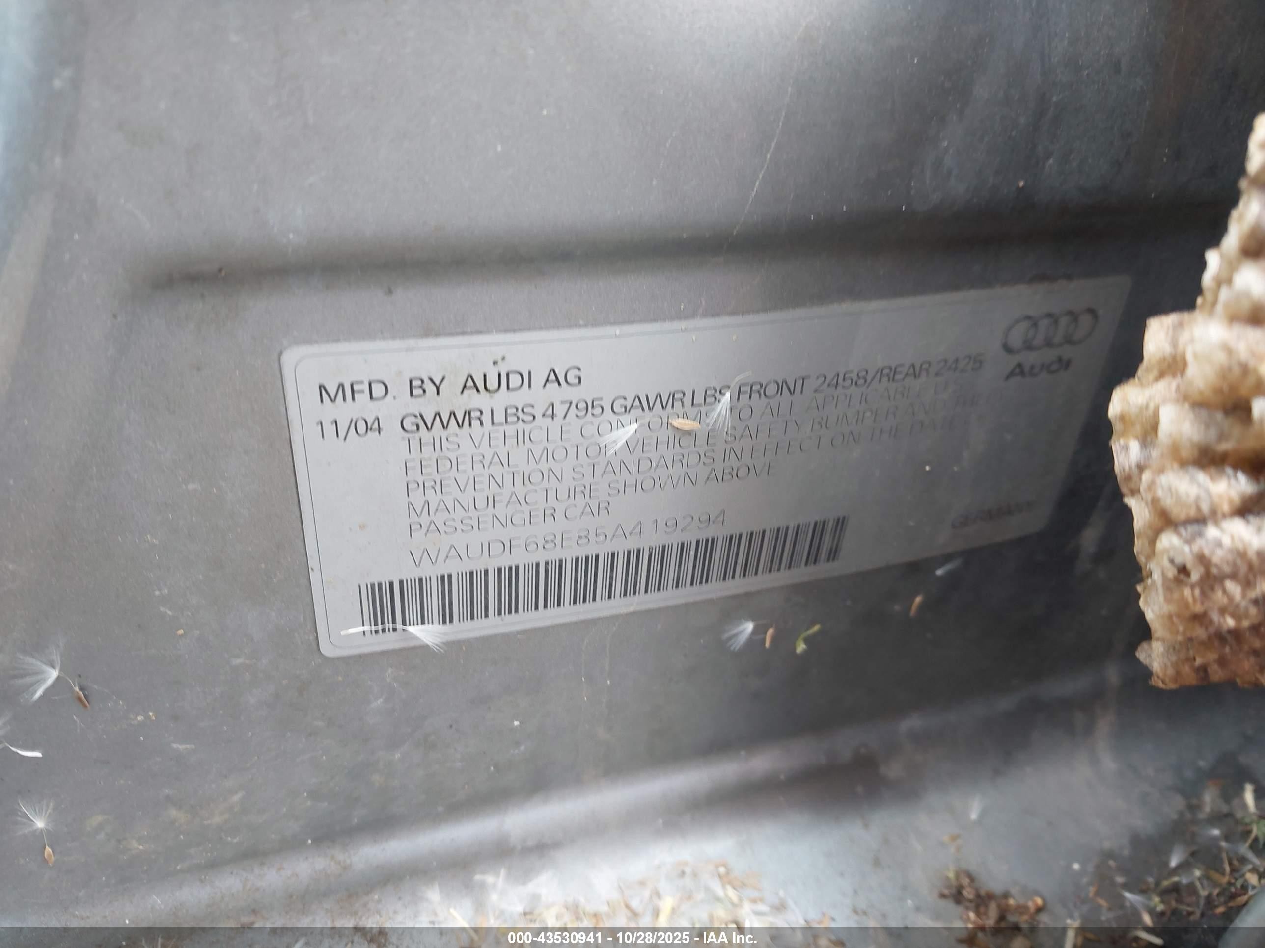 2005 Audi A4 2.0t Gray vin: WAUDF68E85A419294