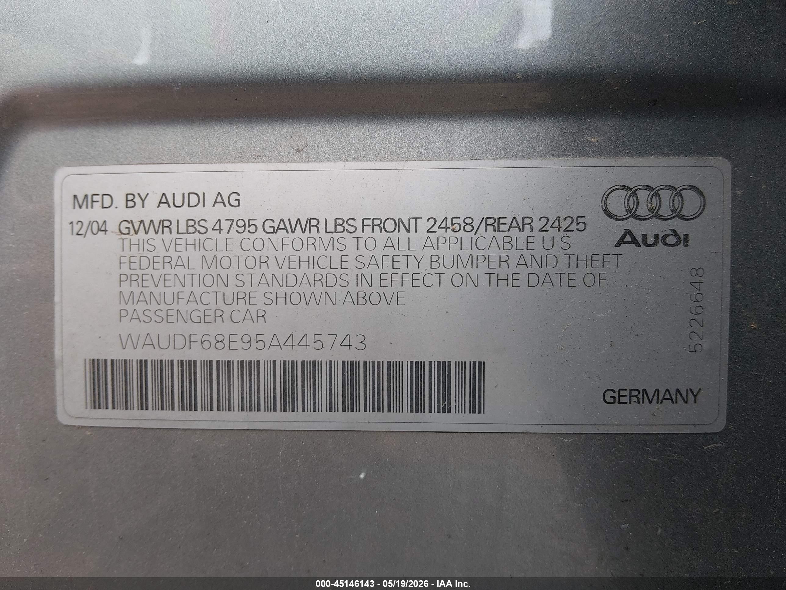 2005 Audi A4 2.0t Light Blue vin: WAUDF68E95A445743