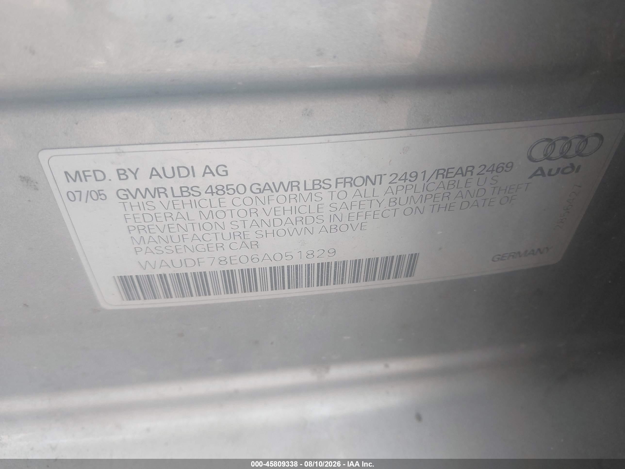 2006 Audi A4 2.0t Silver vin: WAUDF78E06A051829