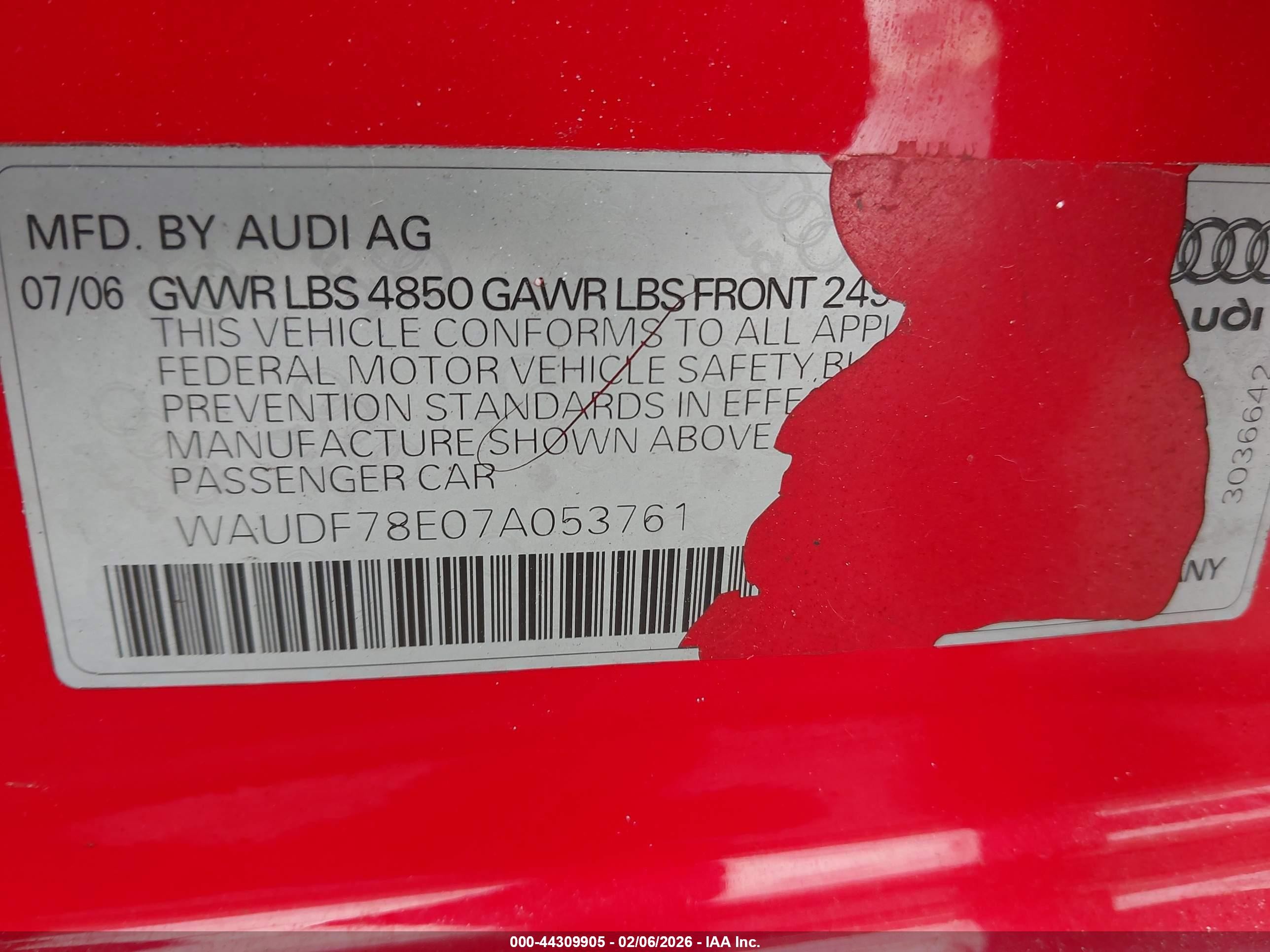 2007 Audi A4 2.0t Red vin: WAUDF78E07A053761