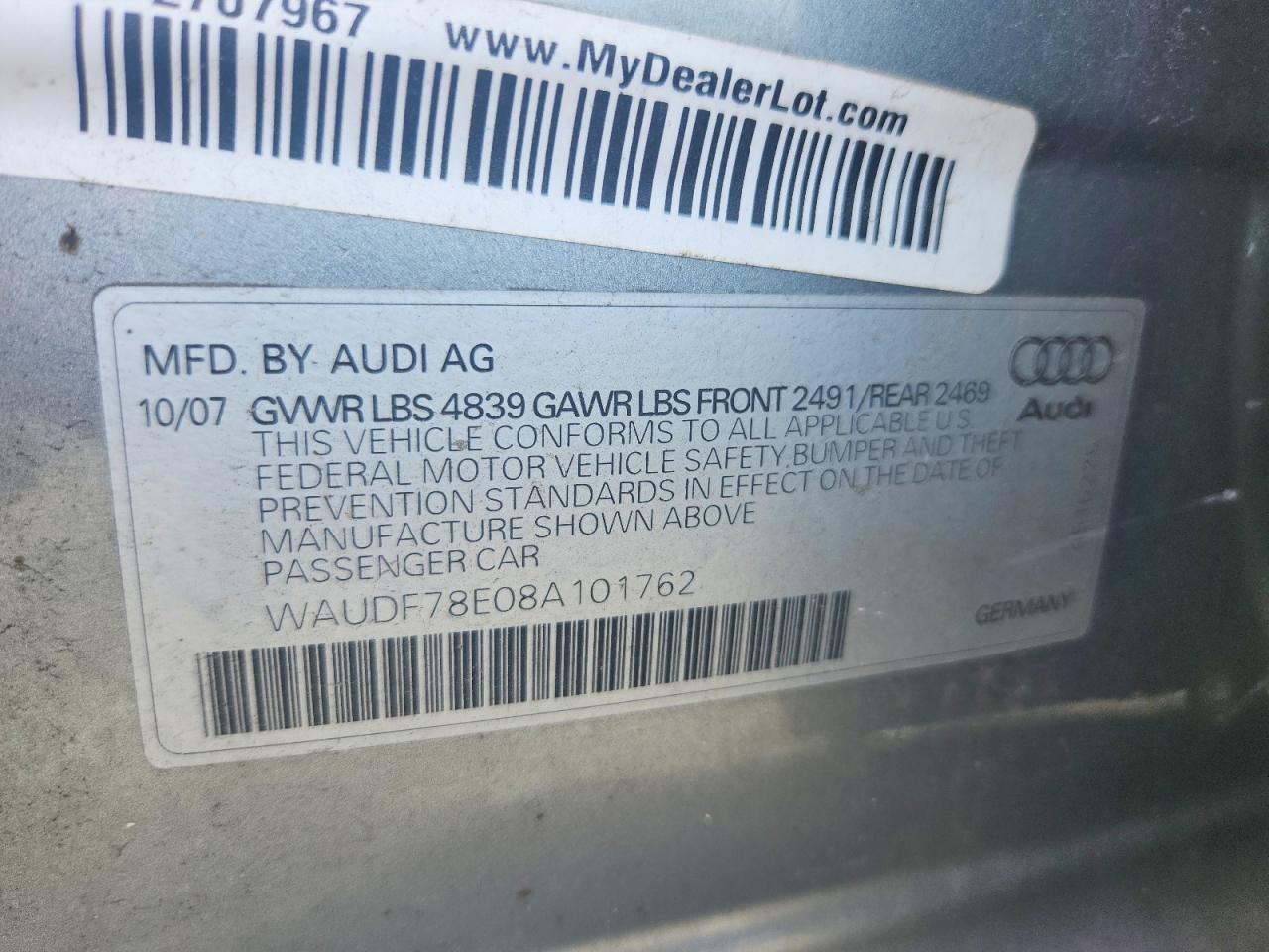 2008 Audi A4 Silver vin: WAUDF78E08A101762