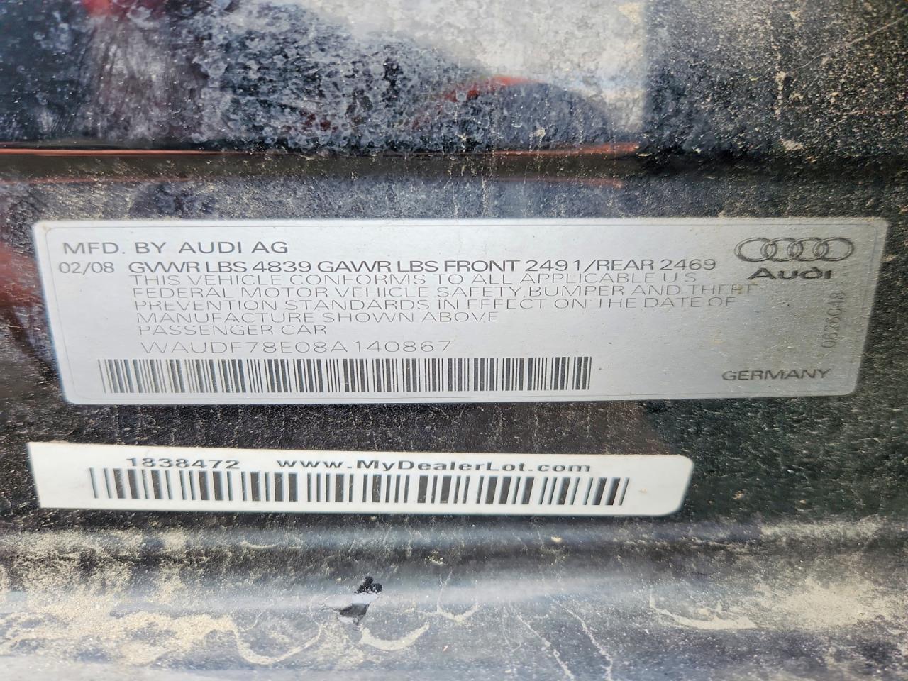 2008 Audi A4 2.0t Quattro Black vin: WAUDF78E08A140867