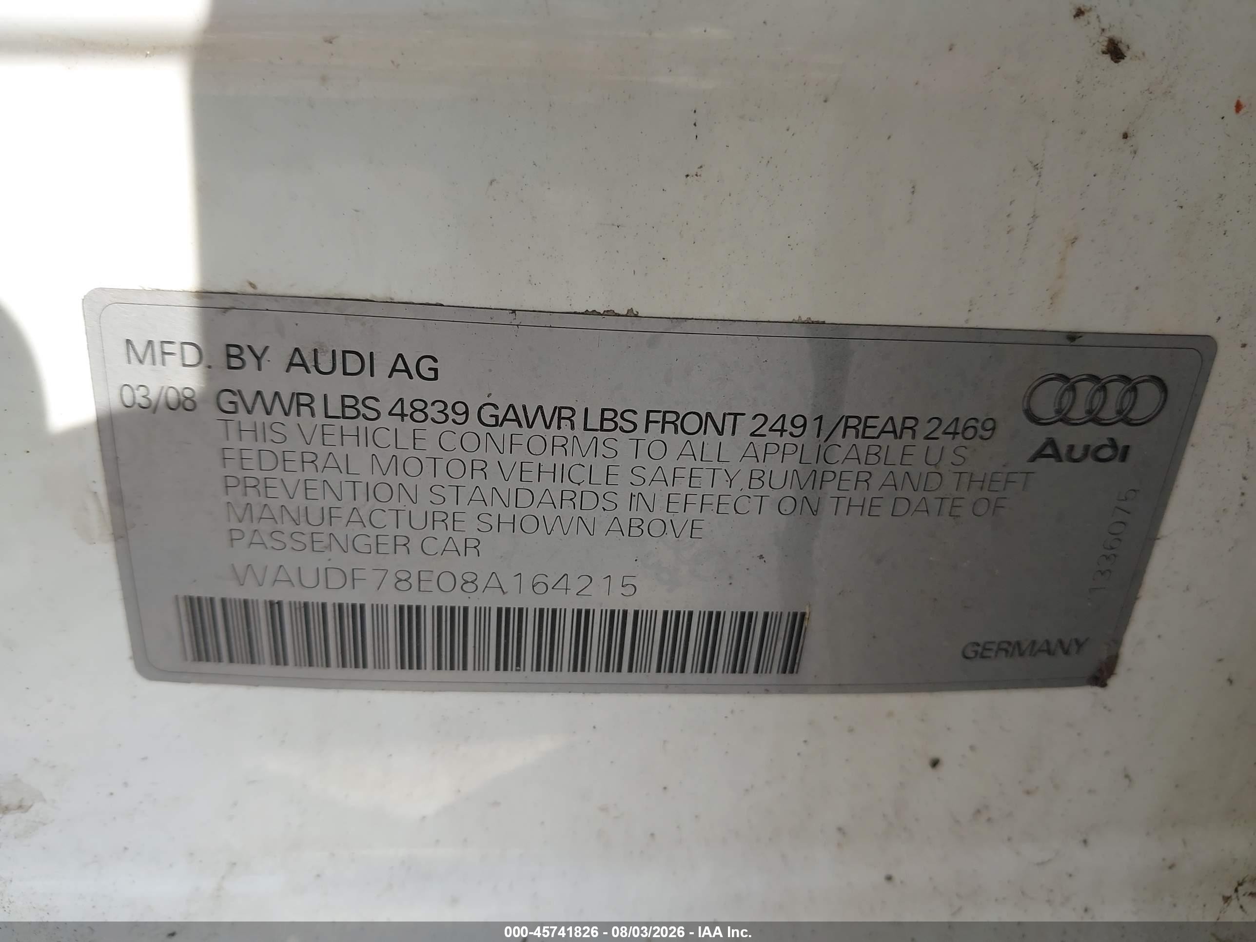 2008 Audi A4 2.0t/2.0t Special Edition White vin: WAUDF78E08A164215