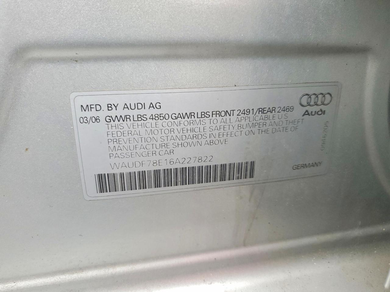 2006 Audi A4 2.0t Quattro Silver vin: WAUDF78E16A227822