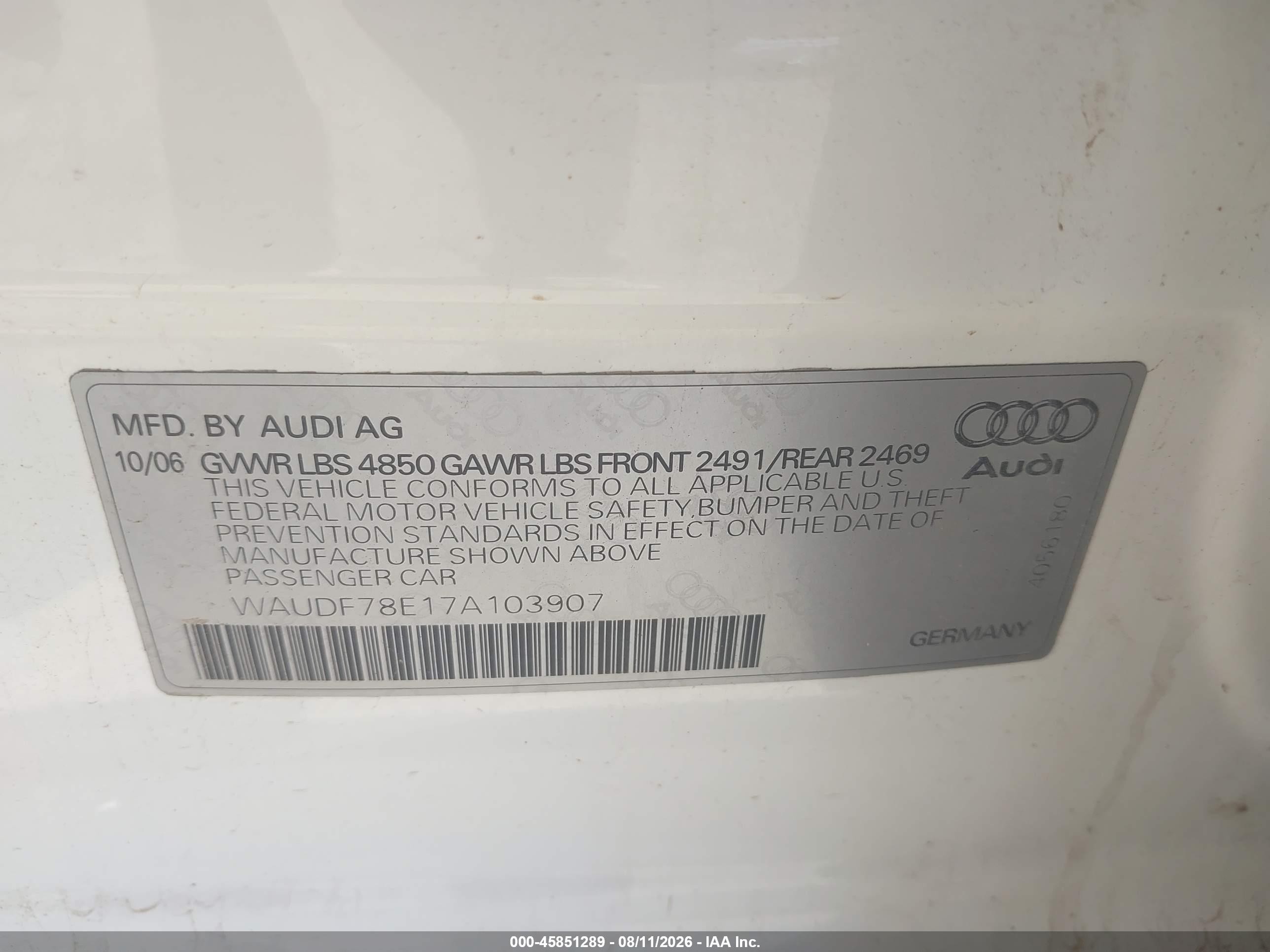 2007 Audi A4 2.0t White vin: WAUDF78E17A103907