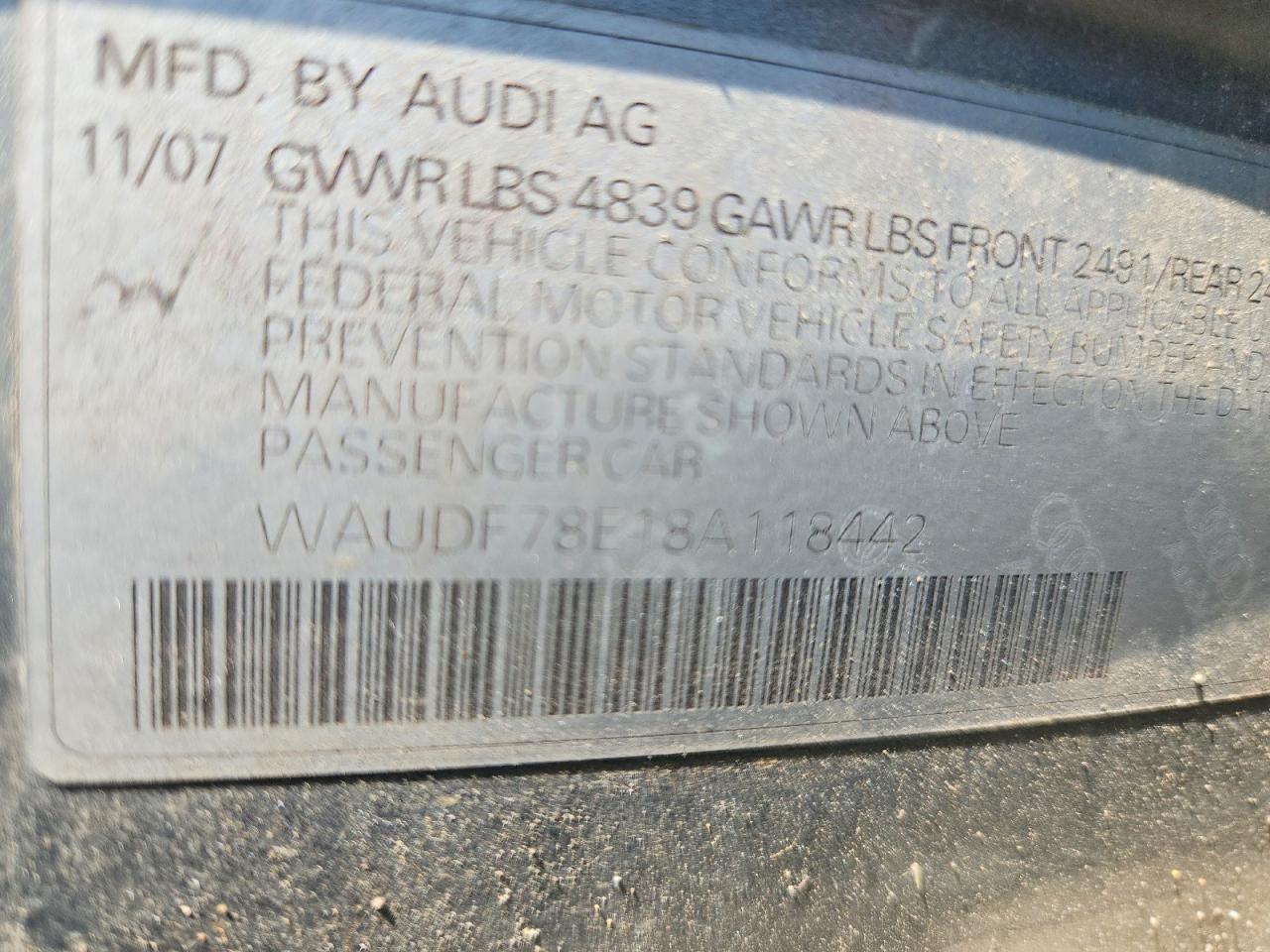 2008 Audi A4 2.0t Quattro Silver vin: WAUDF78E18A118442