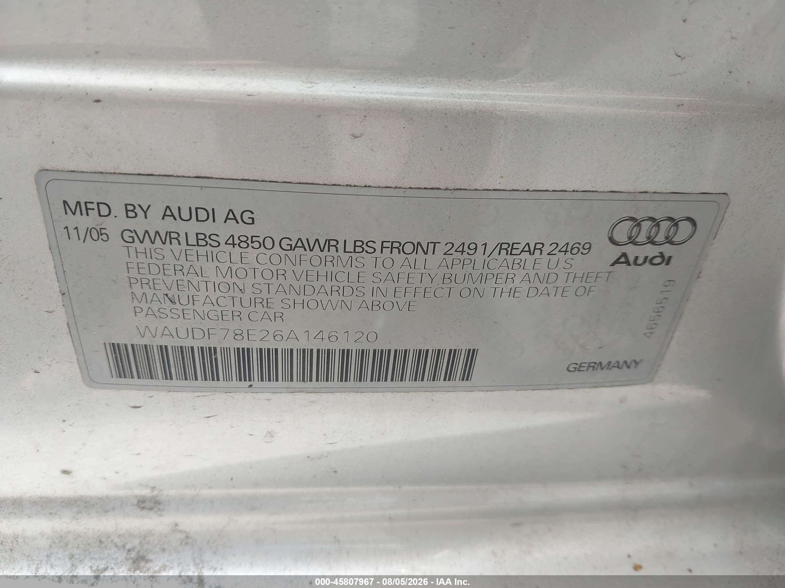 2006 Audi A4 2.0t Silver vin: WAUDF78E26A146120