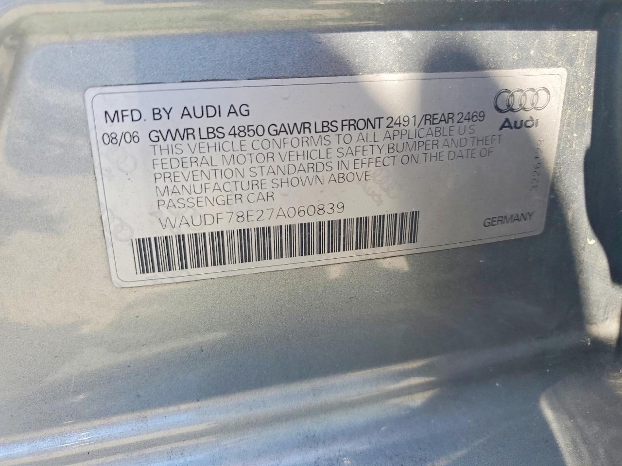 2007 Audi A4 2.0t Quattro Silver vin: WAUDF78E27A060839