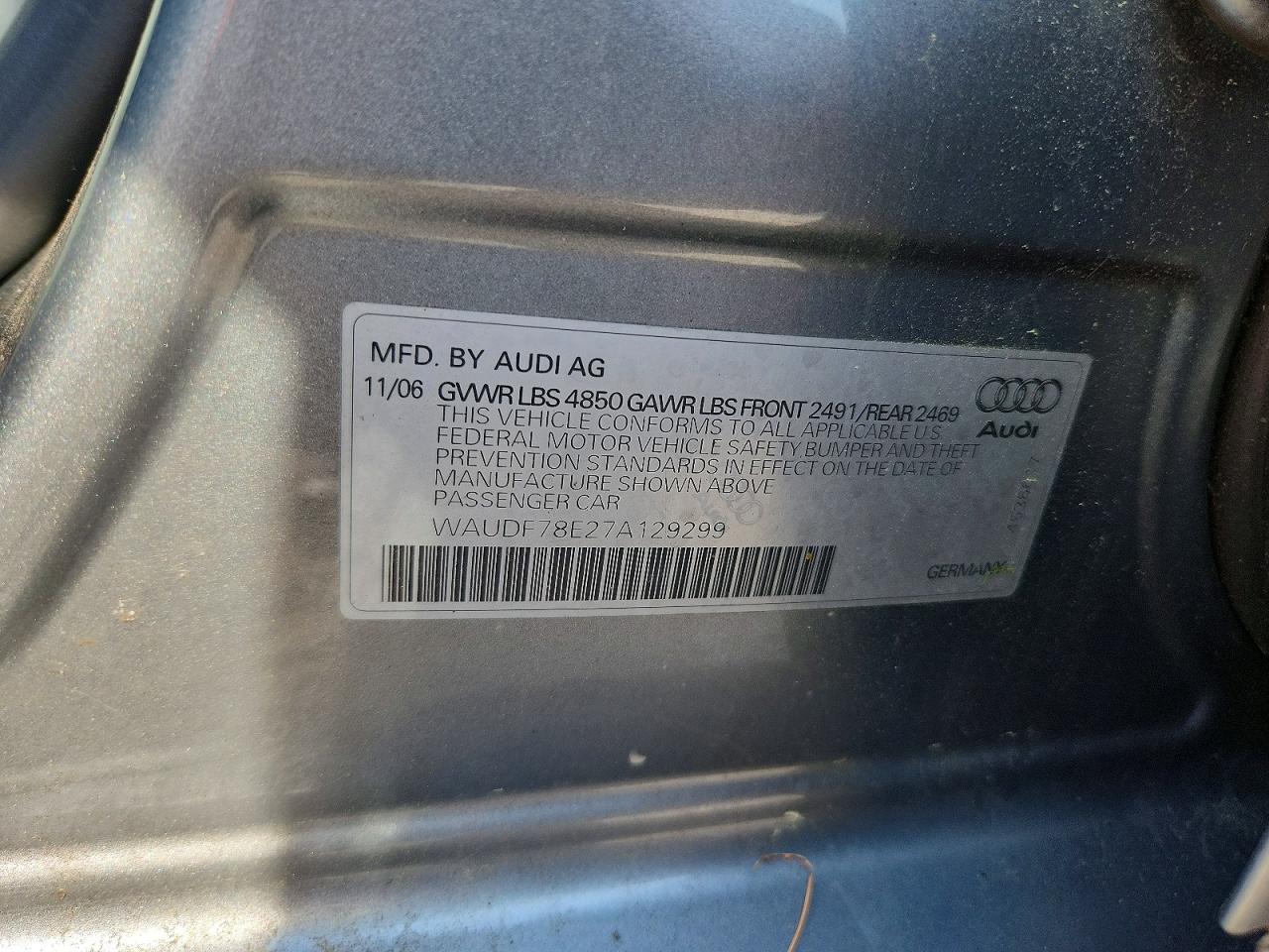 2007 Audi A4 2.0t Quattro Gray vin: WAUDF78E27A129299