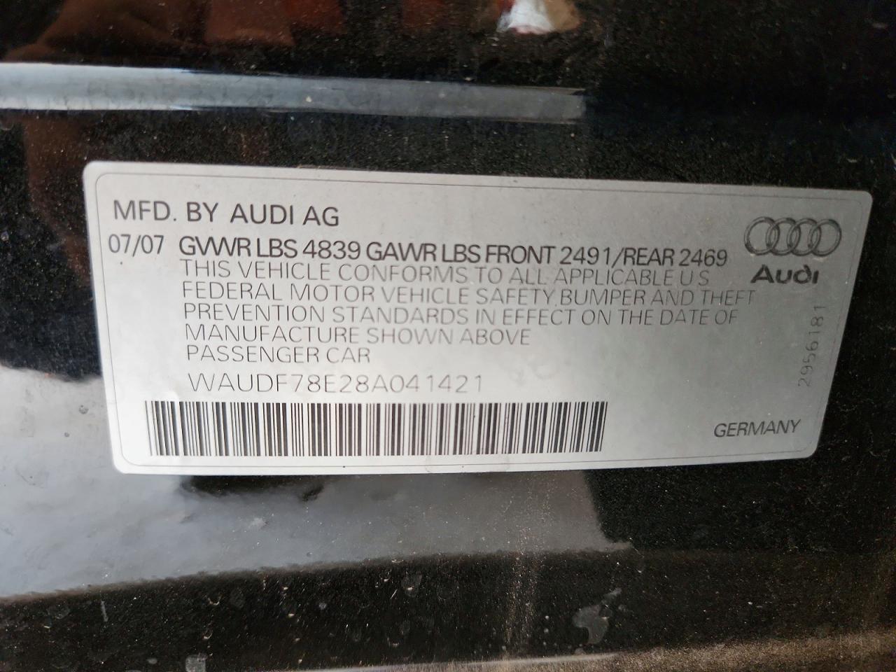2008 Audi A4 2.0t Quattro Black vin: WAUDF78E28A041421