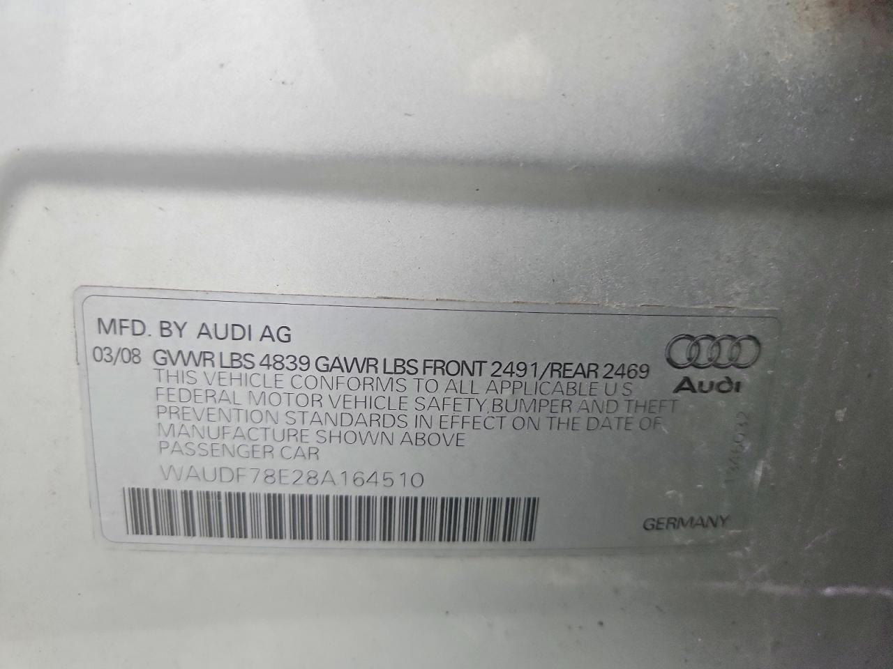2008 Audi A4 2.0t Quattro Silver vin: WAUDF78E28A164510