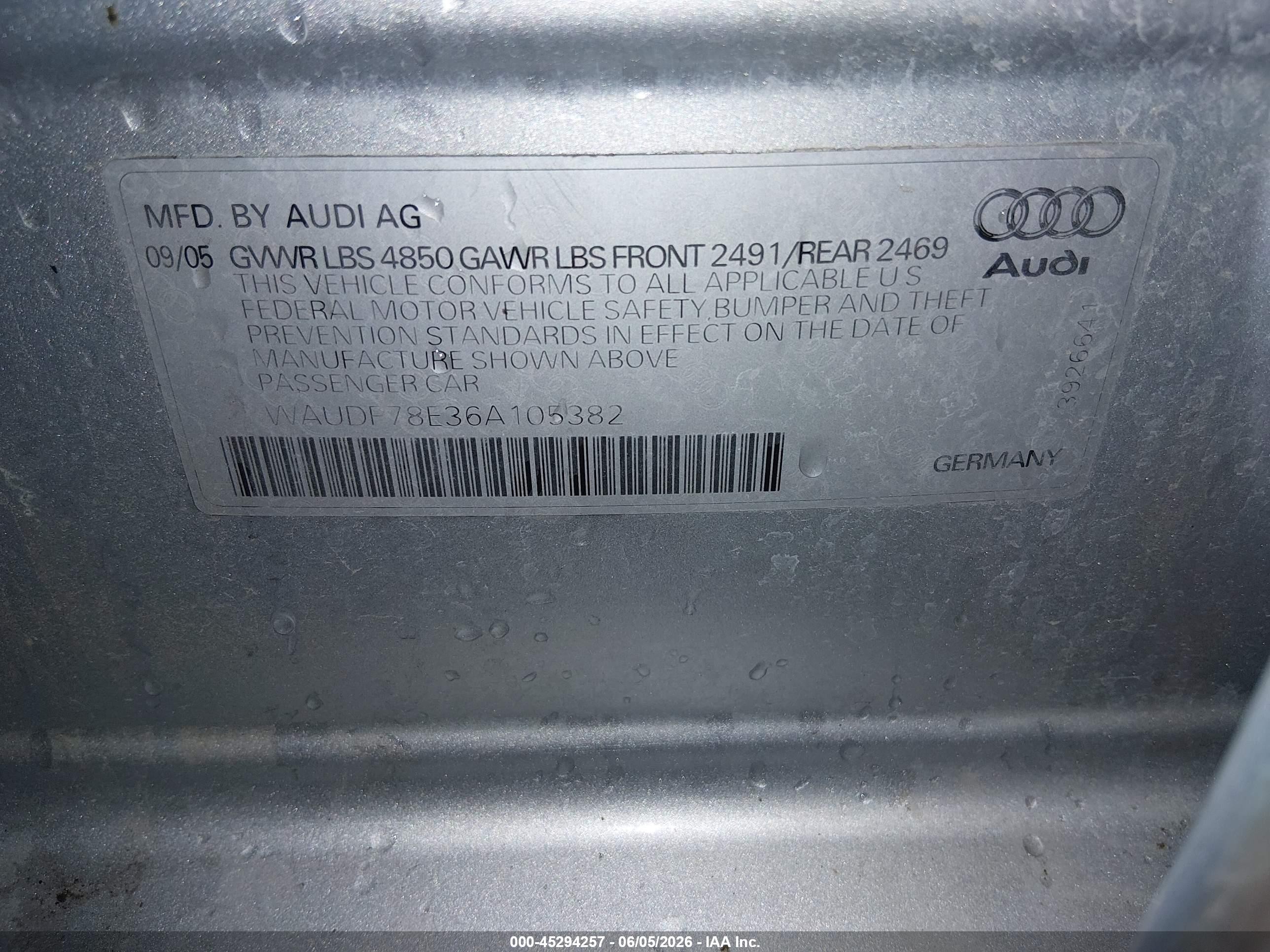 2006 Audi A4 2.0t Silver vin: WAUDF78E36A105382