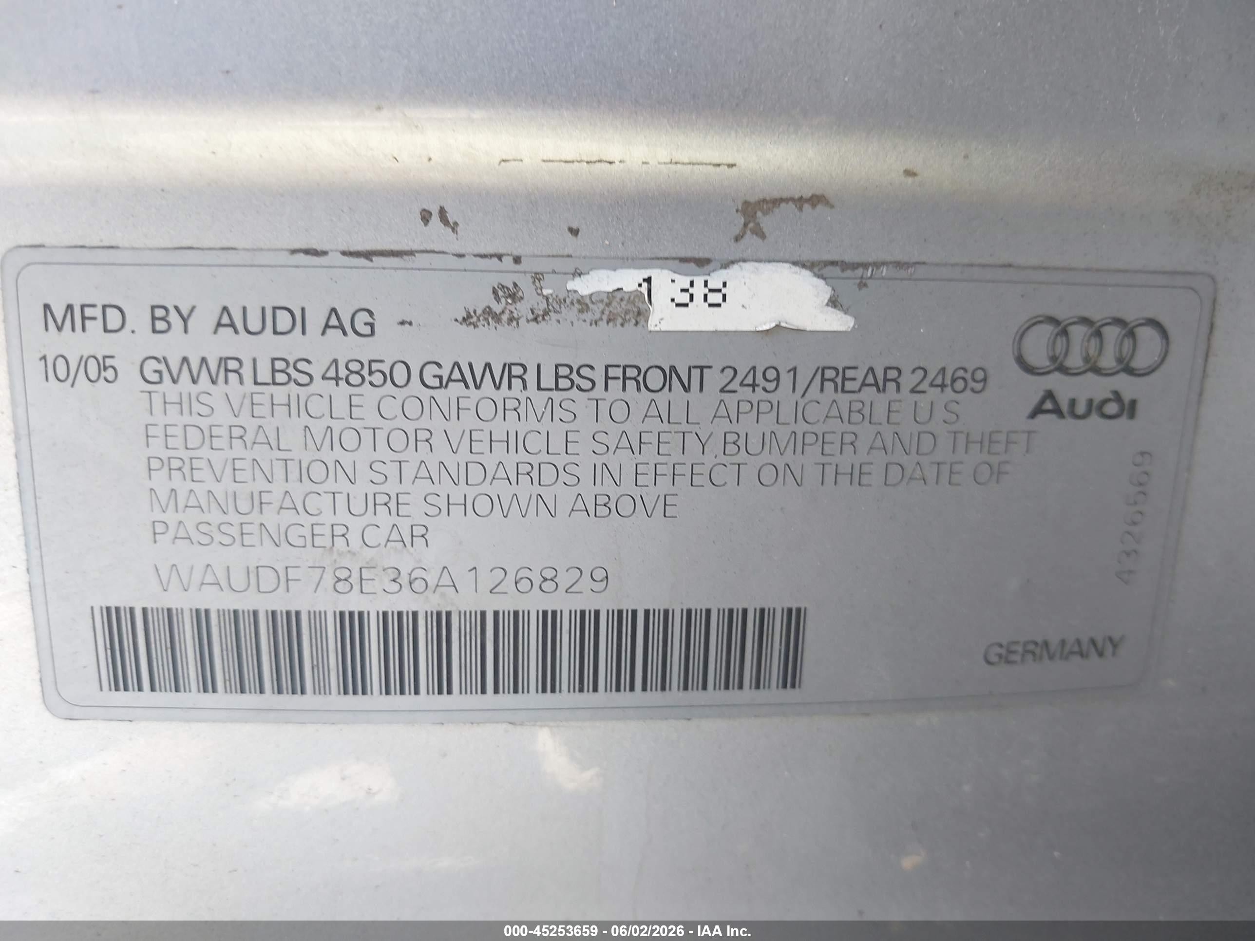2006 Audi A4 2.0t Silver vin: WAUDF78E36A126829