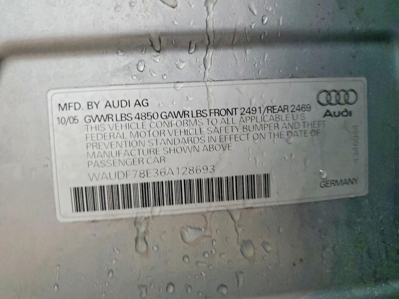 2006 Audi A4 2.0t Quattro Silver vin: WAUDF78E36A128693