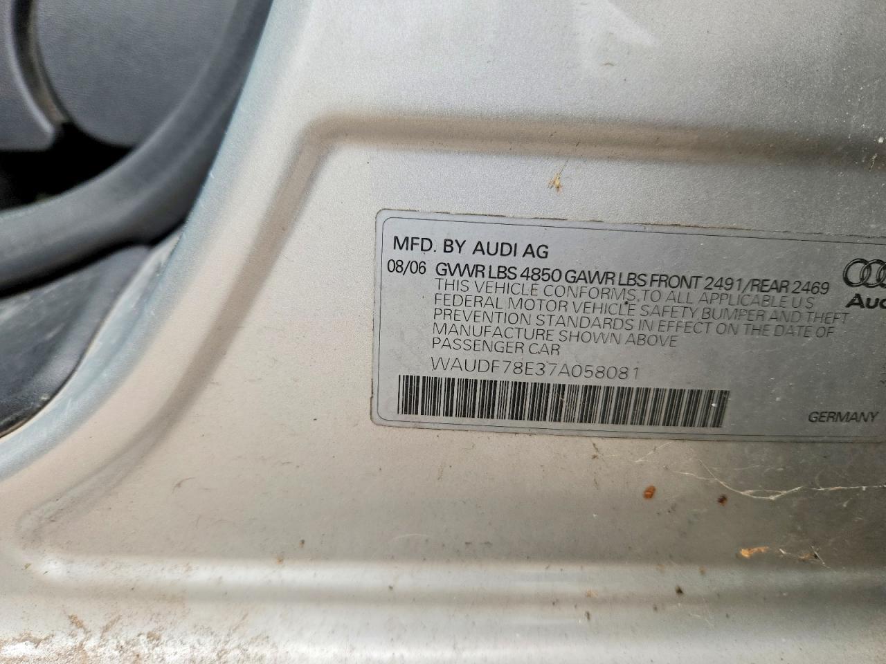 2007 Audi A4 2.0t Quattro Silver vin: WAUDF78E37A058081