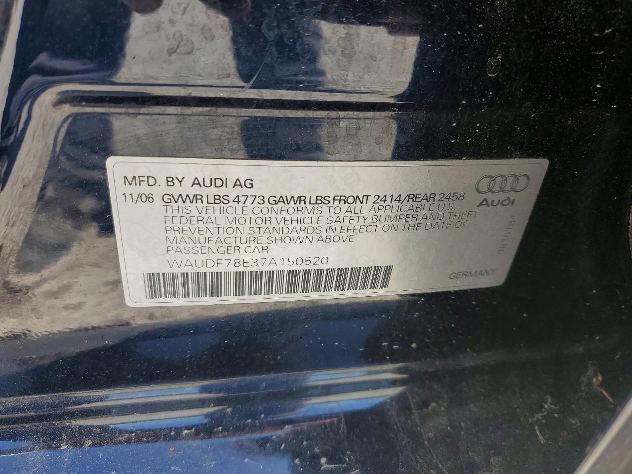 2007 Audi A4 2.0t Quattro Blue vin: WAUDF78E37A150520