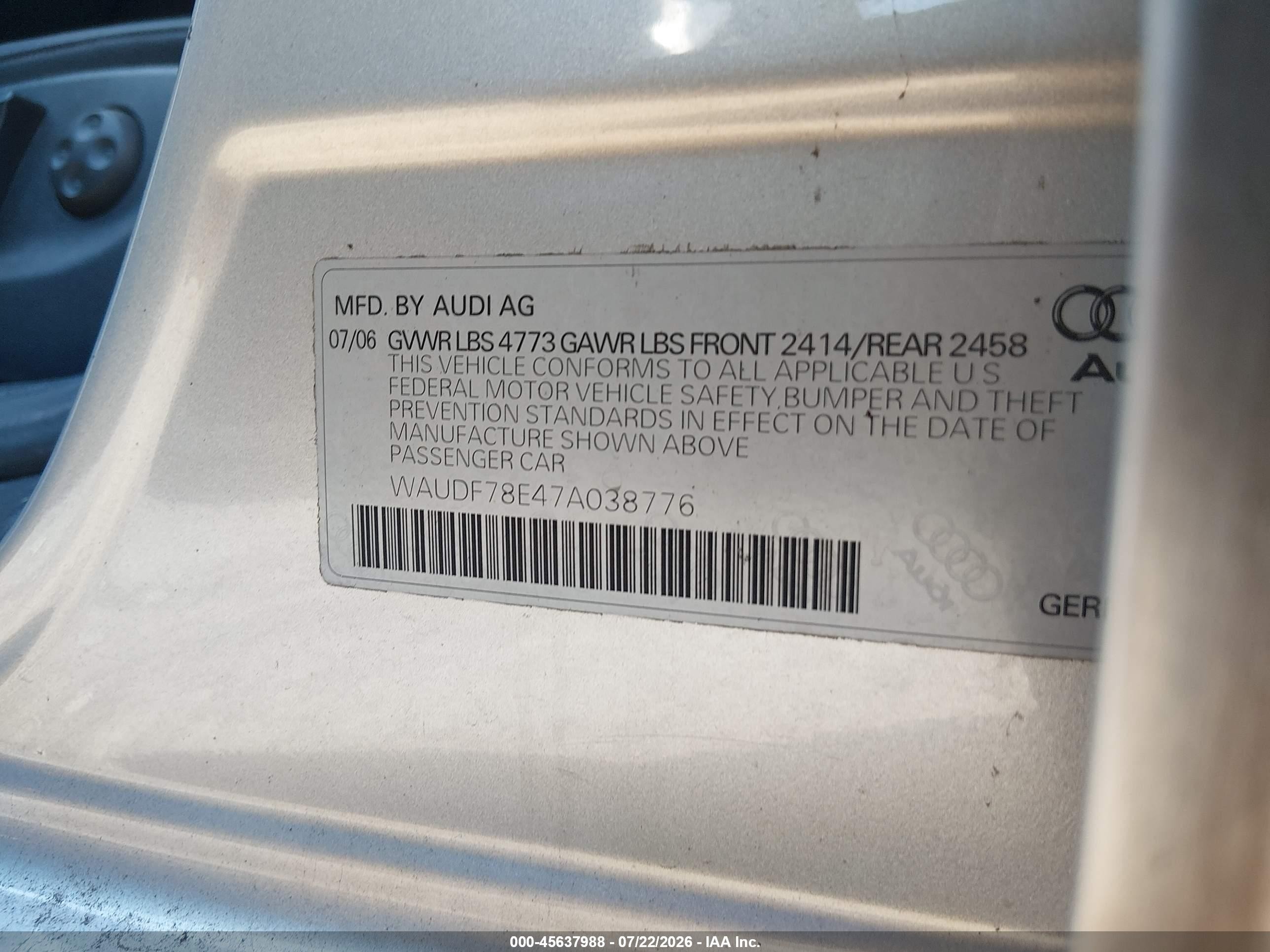 2007 Audi A4 2.0t Gray vin: WAUDF78E47A038776