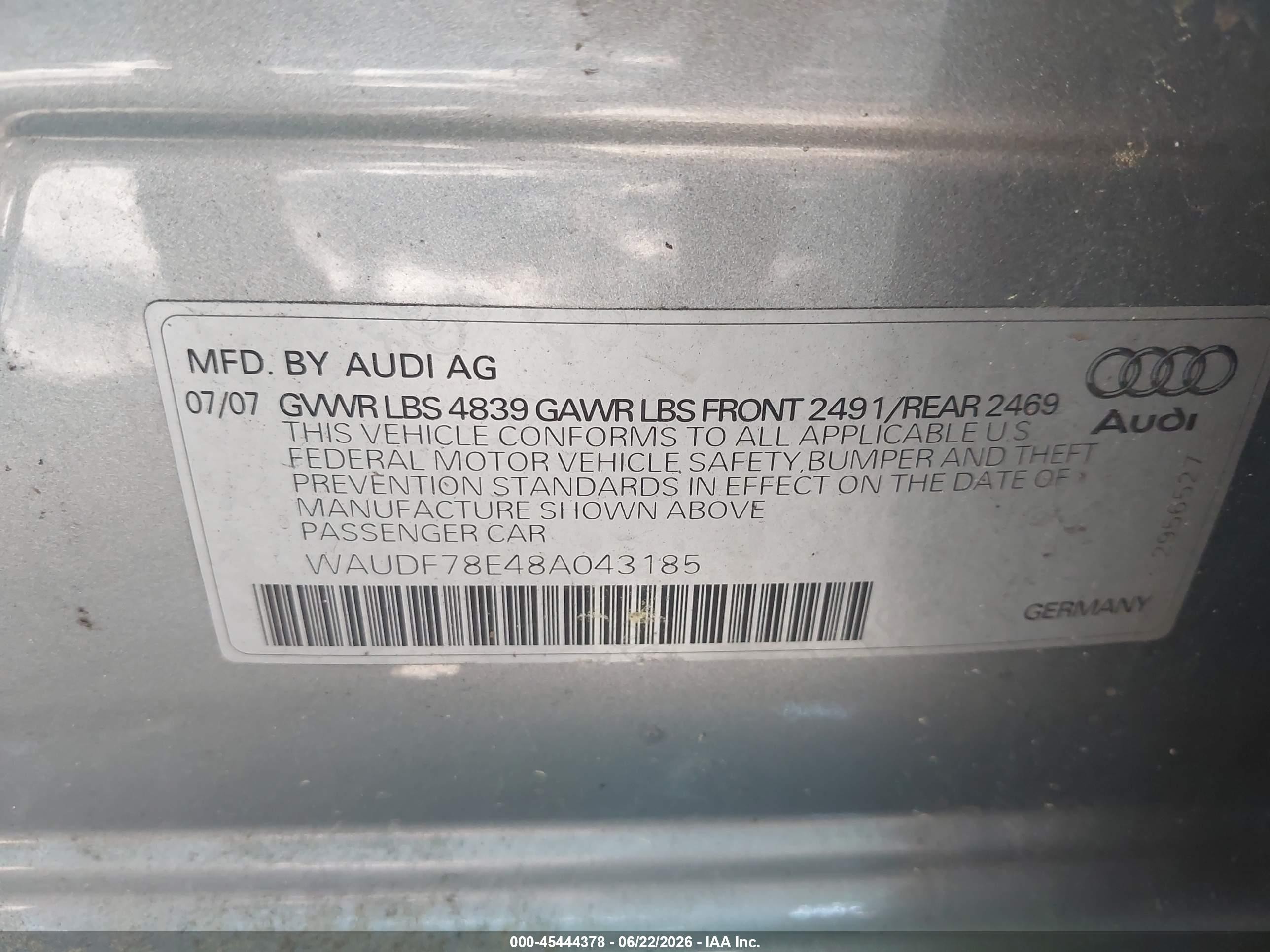 2008 Audi A4 2.0t Silver vin: WAUDF78E48A043185