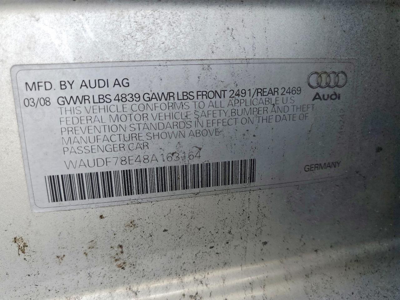 2008 Audi A4 2.0t Quattro Silver vin: WAUDF78E48A163164