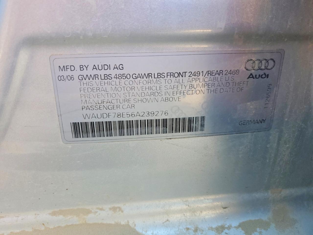 2006 Audi A4 2.0t Quattro Silver vin: WAUDF78E56A239276